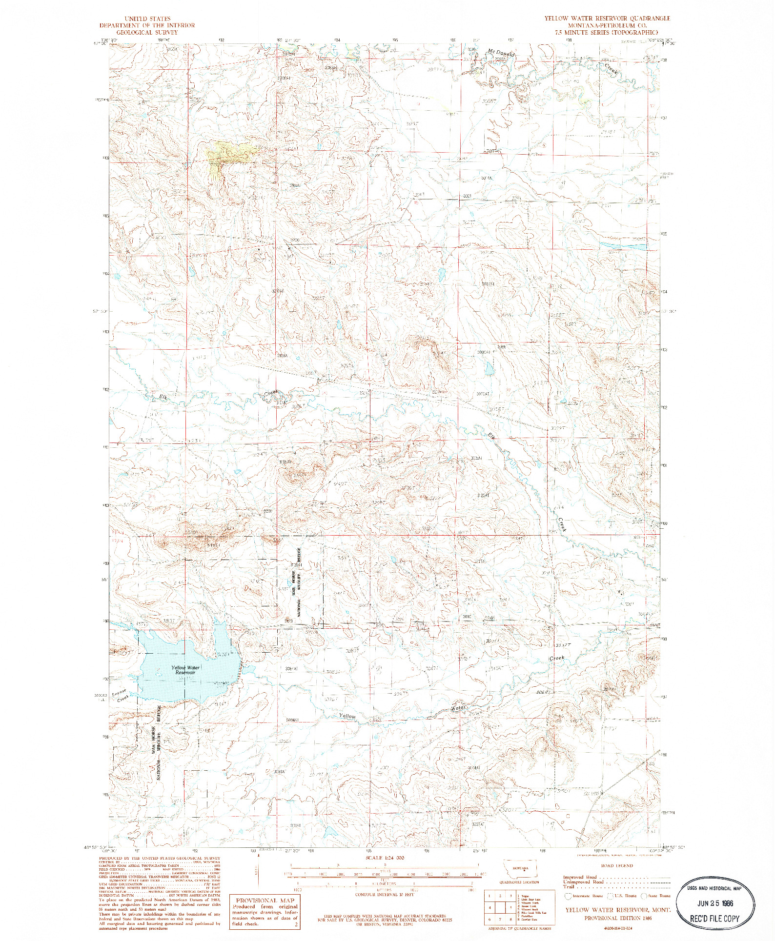 USGS 1:24000-SCALE QUADRANGLE FOR YELLOW WATER RESERVOIR, MT 1986