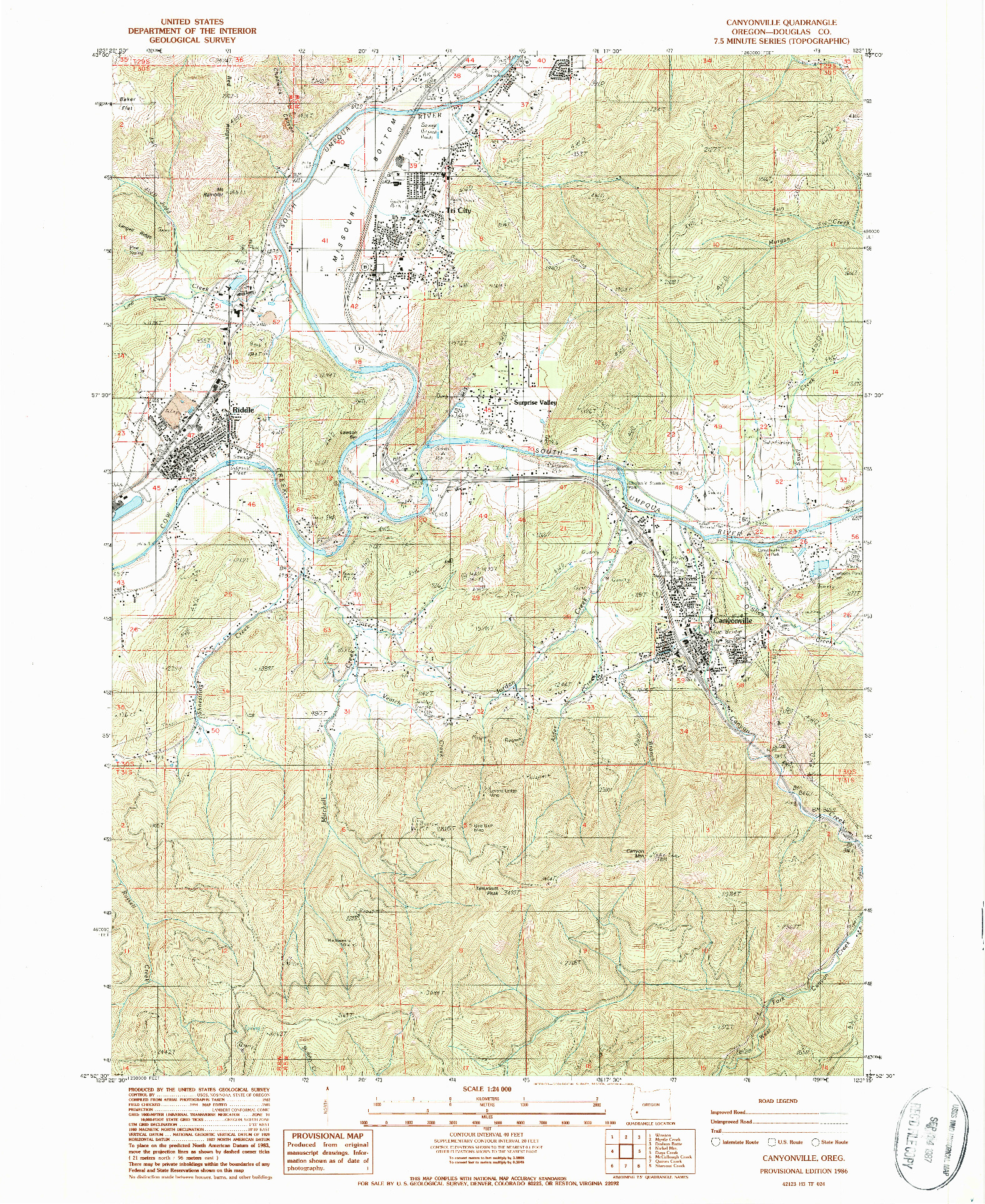 USGS 1:24000-SCALE QUADRANGLE FOR CANYONVILLE, OR 1986