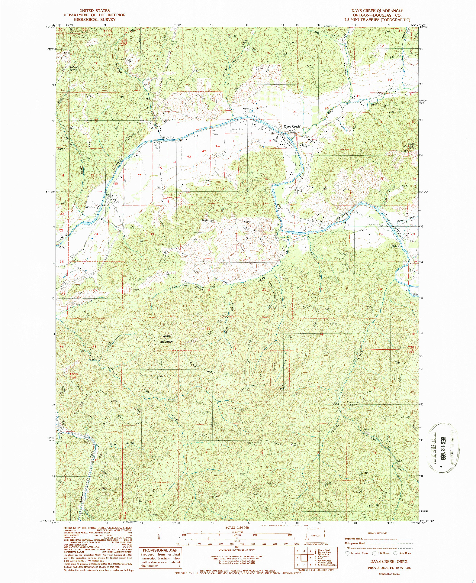 USGS 1:24000-SCALE QUADRANGLE FOR DAYS CREEK, OR 1986