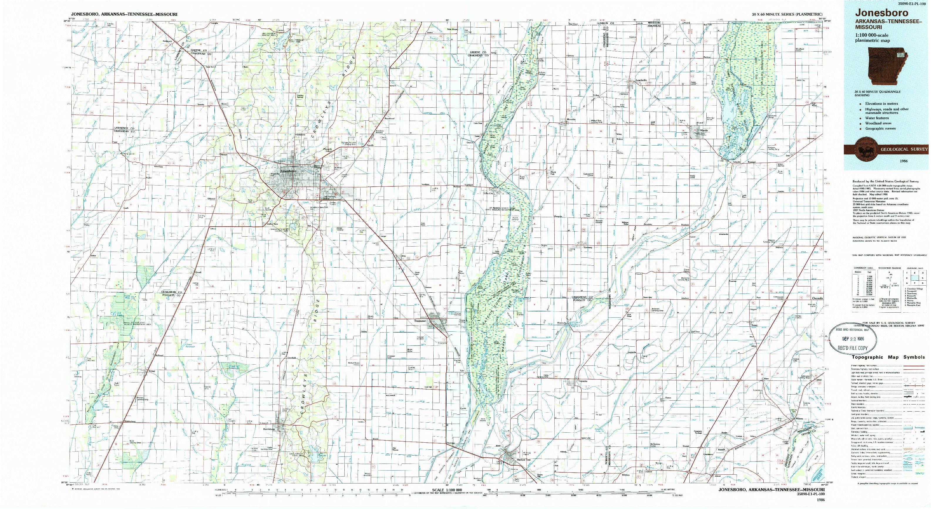 USGS 1:100000-SCALE QUADRANGLE FOR JONESBORO, AR 1986