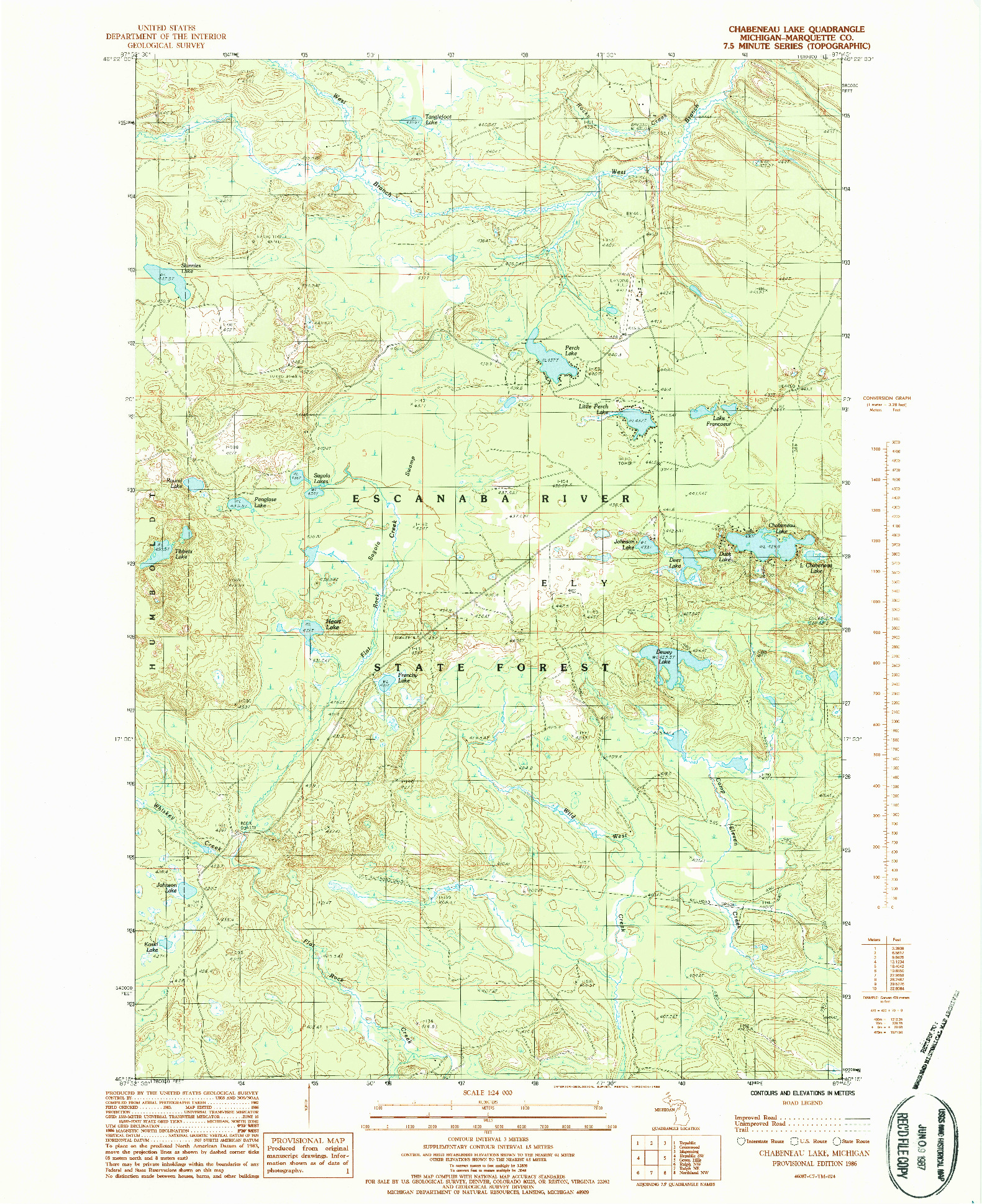 USGS 1:24000-SCALE QUADRANGLE FOR CHABENEAU LAKE, MI 1986