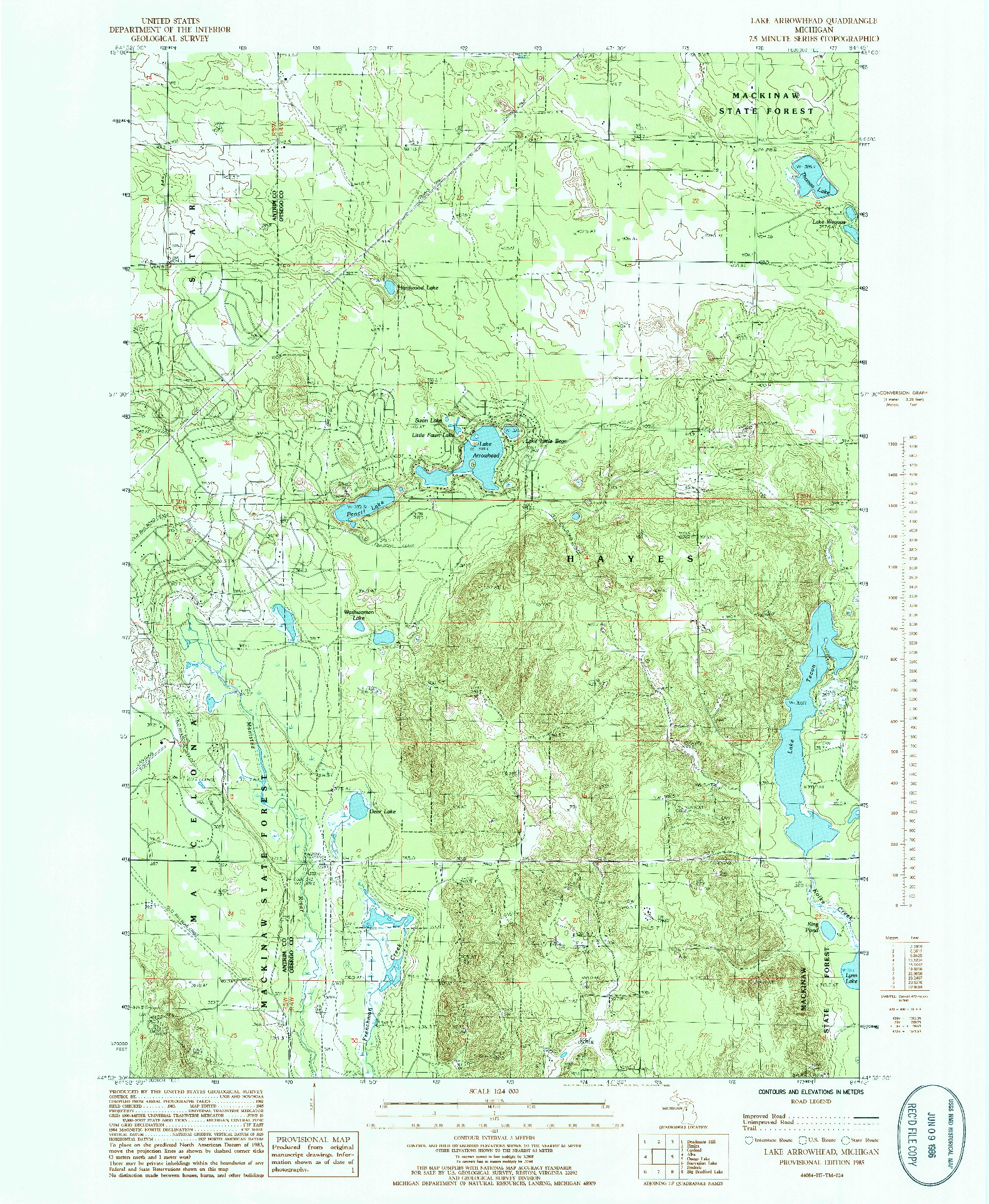 USGS 1:24000-SCALE QUADRANGLE FOR LAKE ARROWHEAD, MI 1985