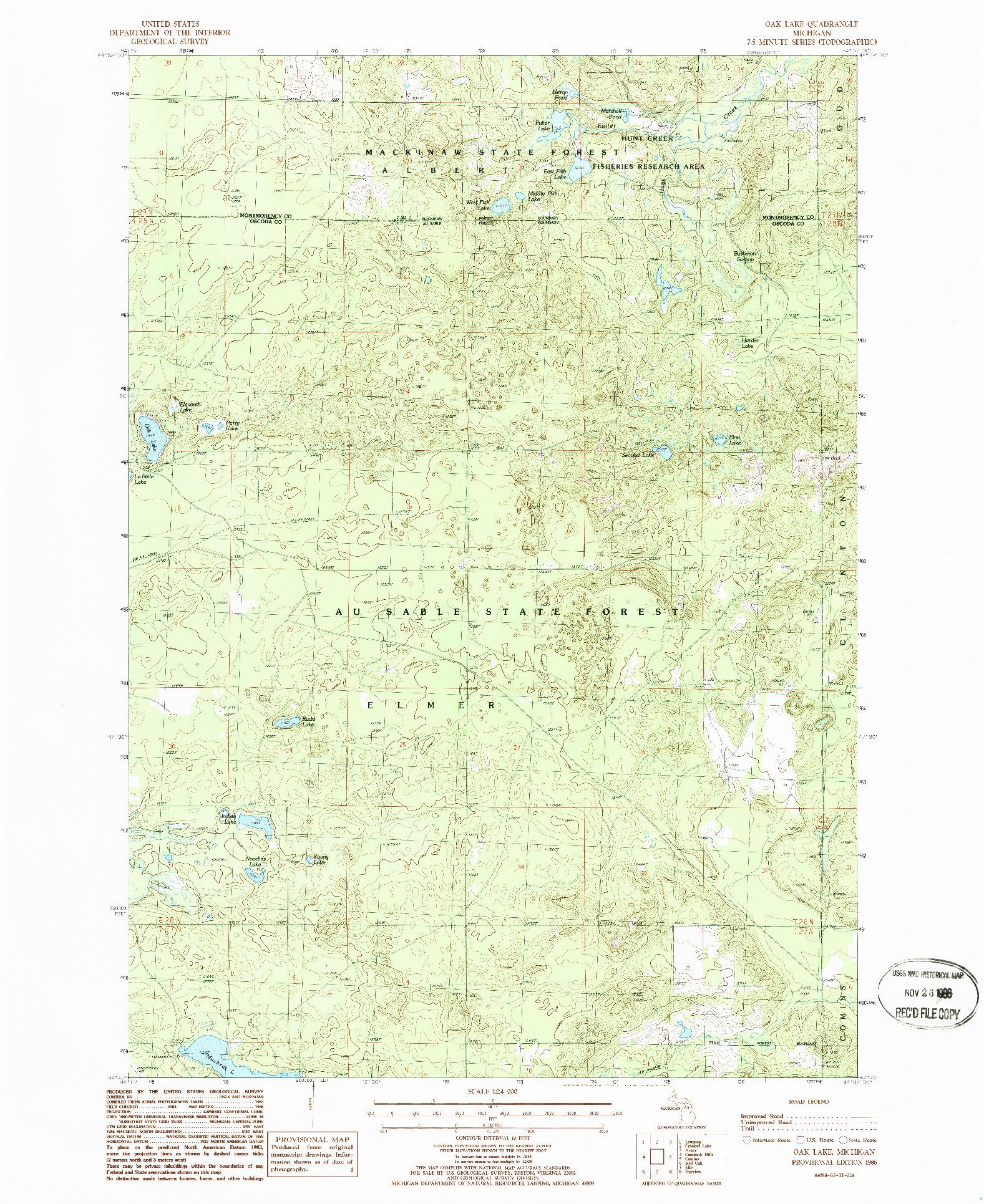 USGS 1:24000-SCALE QUADRANGLE FOR OAK LAKE, MI 1986