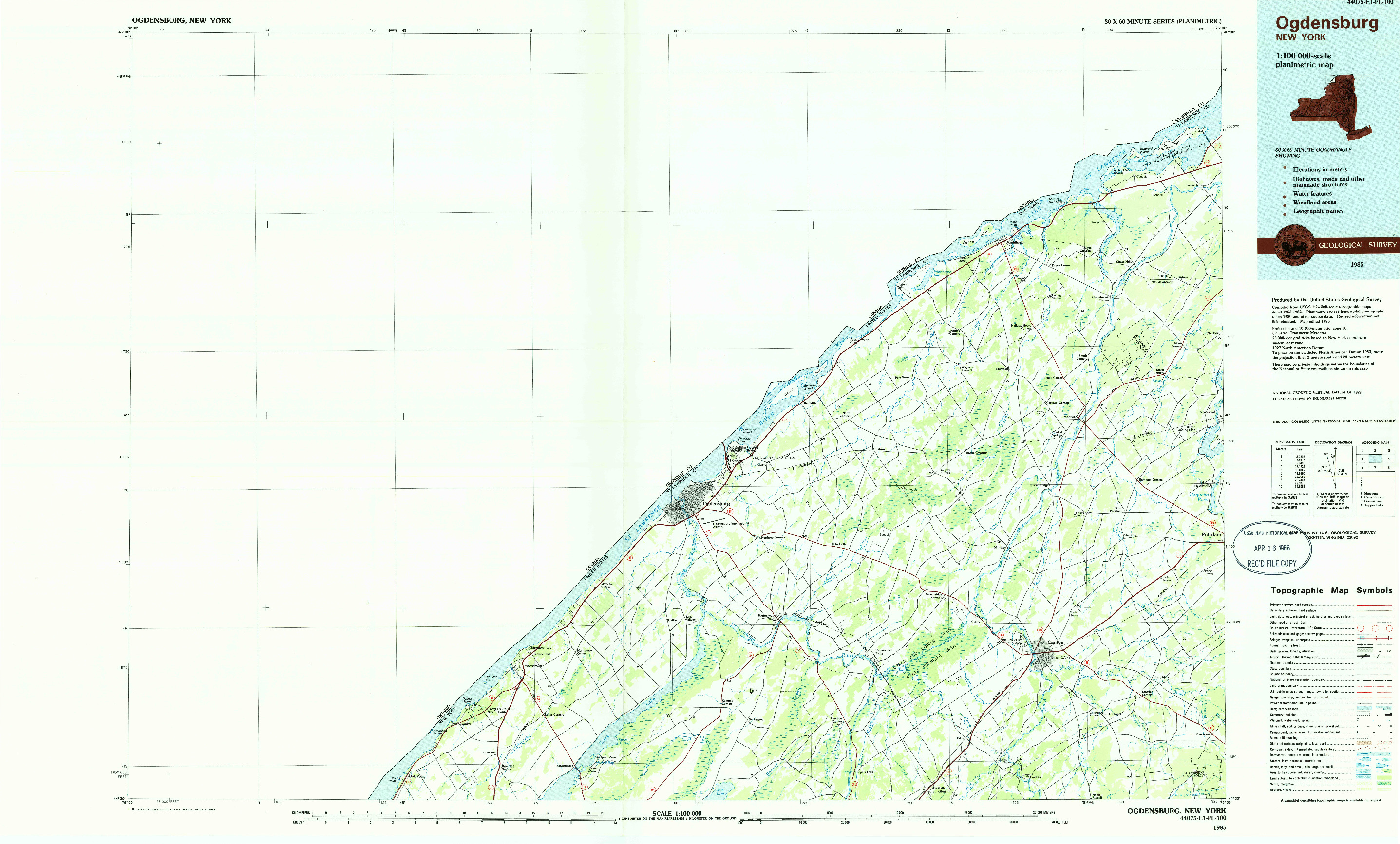 USGS 1:100000-SCALE QUADRANGLE FOR OGDENSBURG, NY 1985