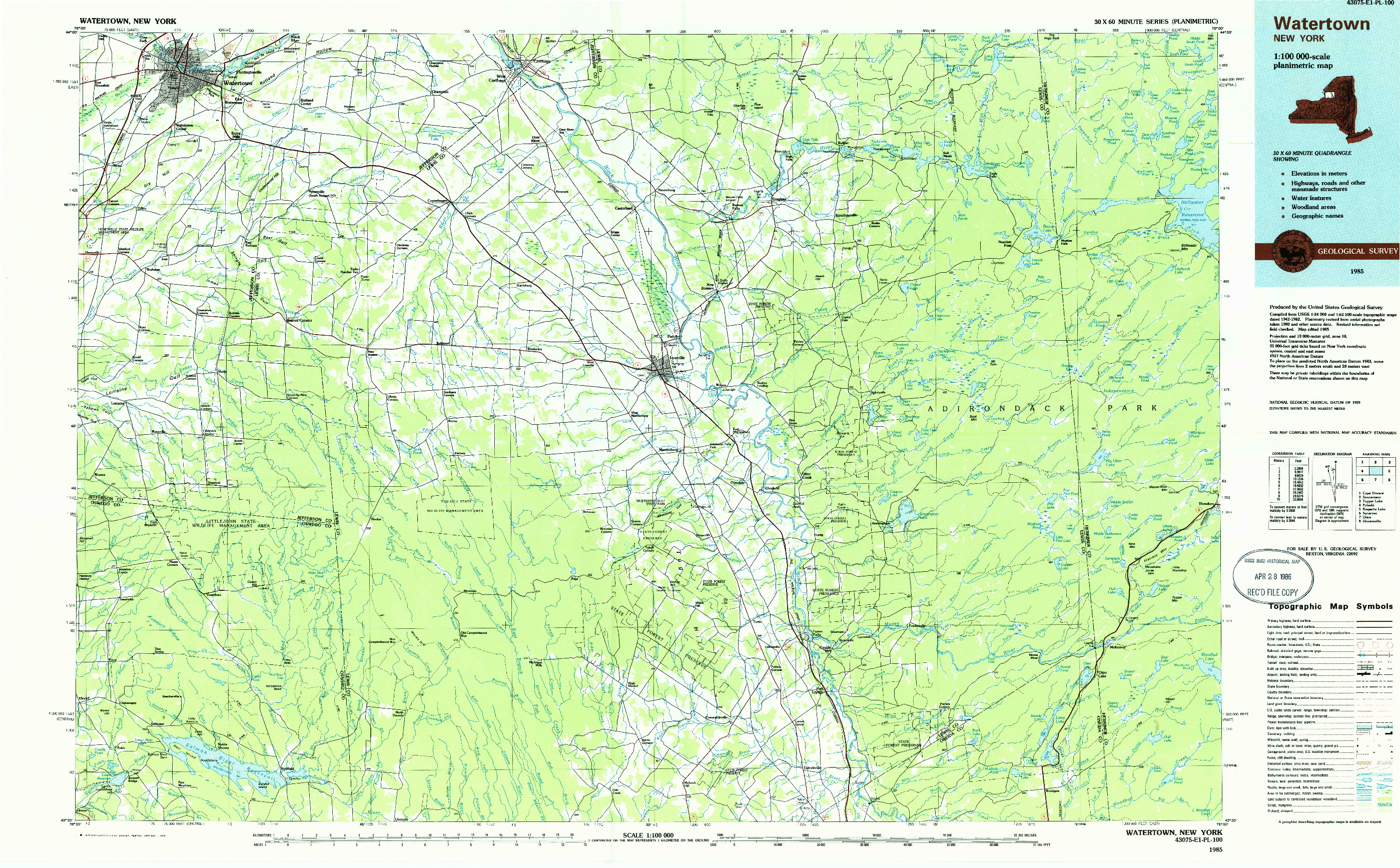 USGS 1:100000-SCALE QUADRANGLE FOR WATERTOWN, NY 1985
