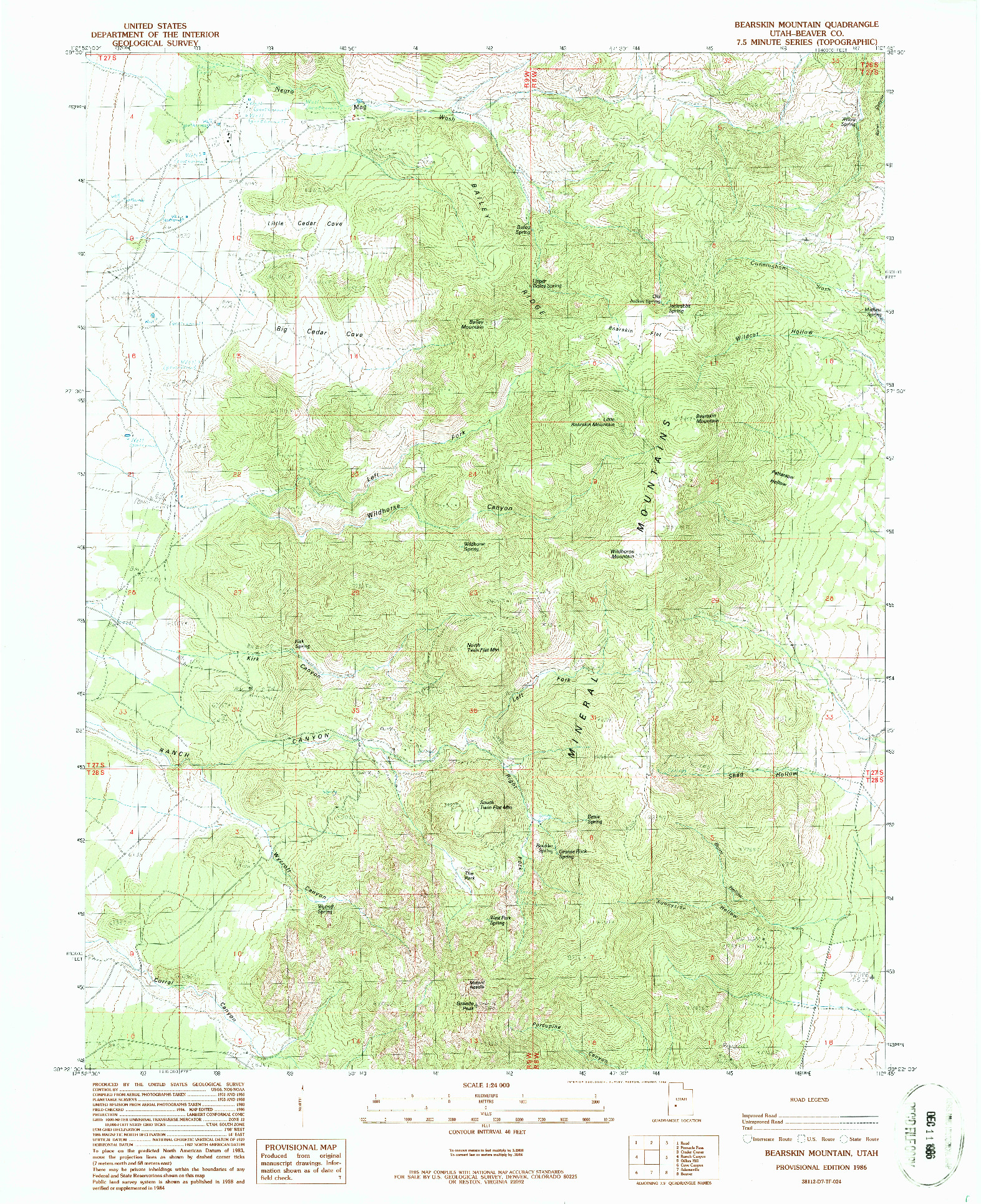 USGS 1:24000-SCALE QUADRANGLE FOR BEARSKIN MOUNTAIN, UT 1986
