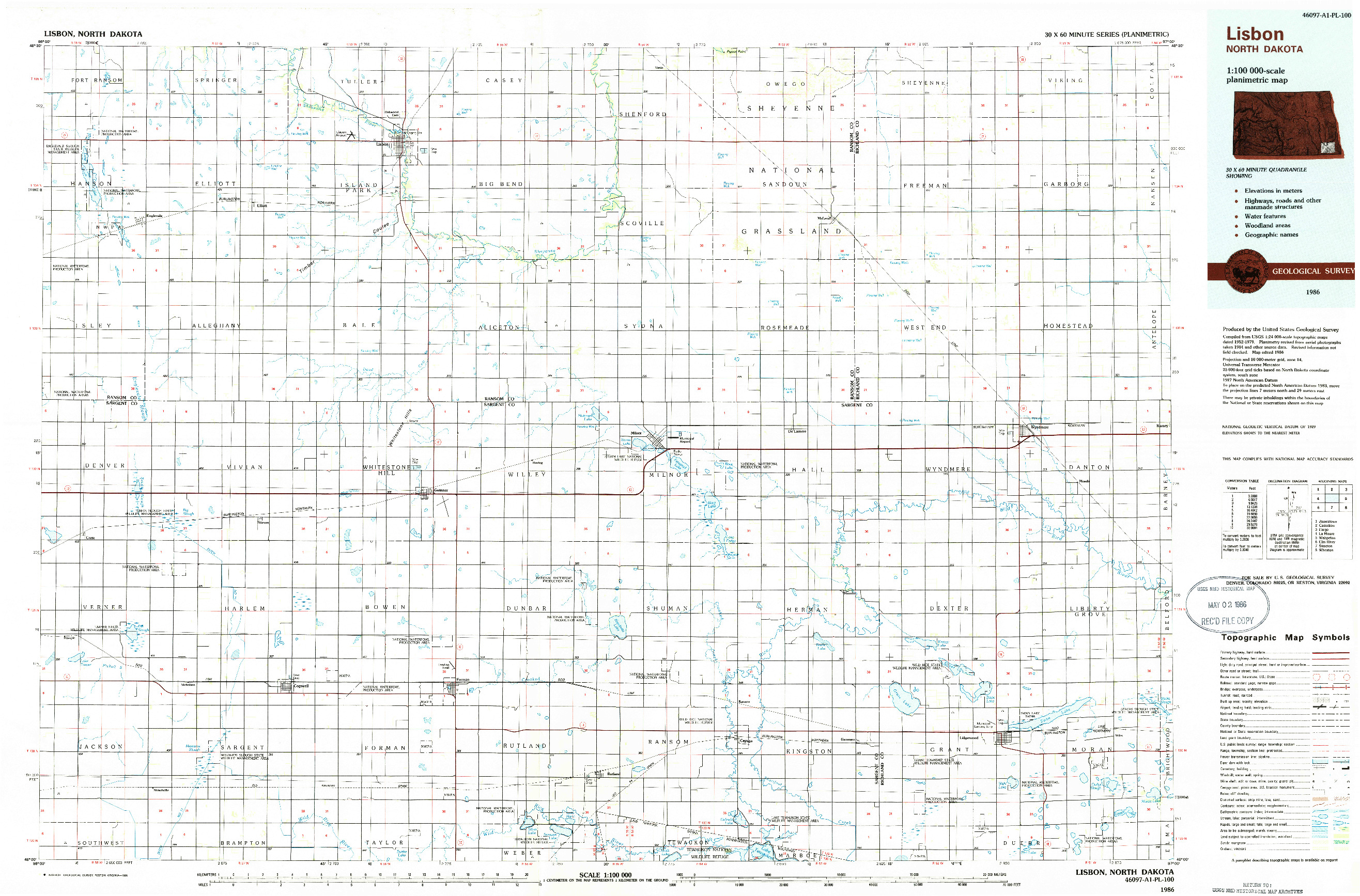 USGS 1:100000-SCALE QUADRANGLE FOR LISBON, ND 1986