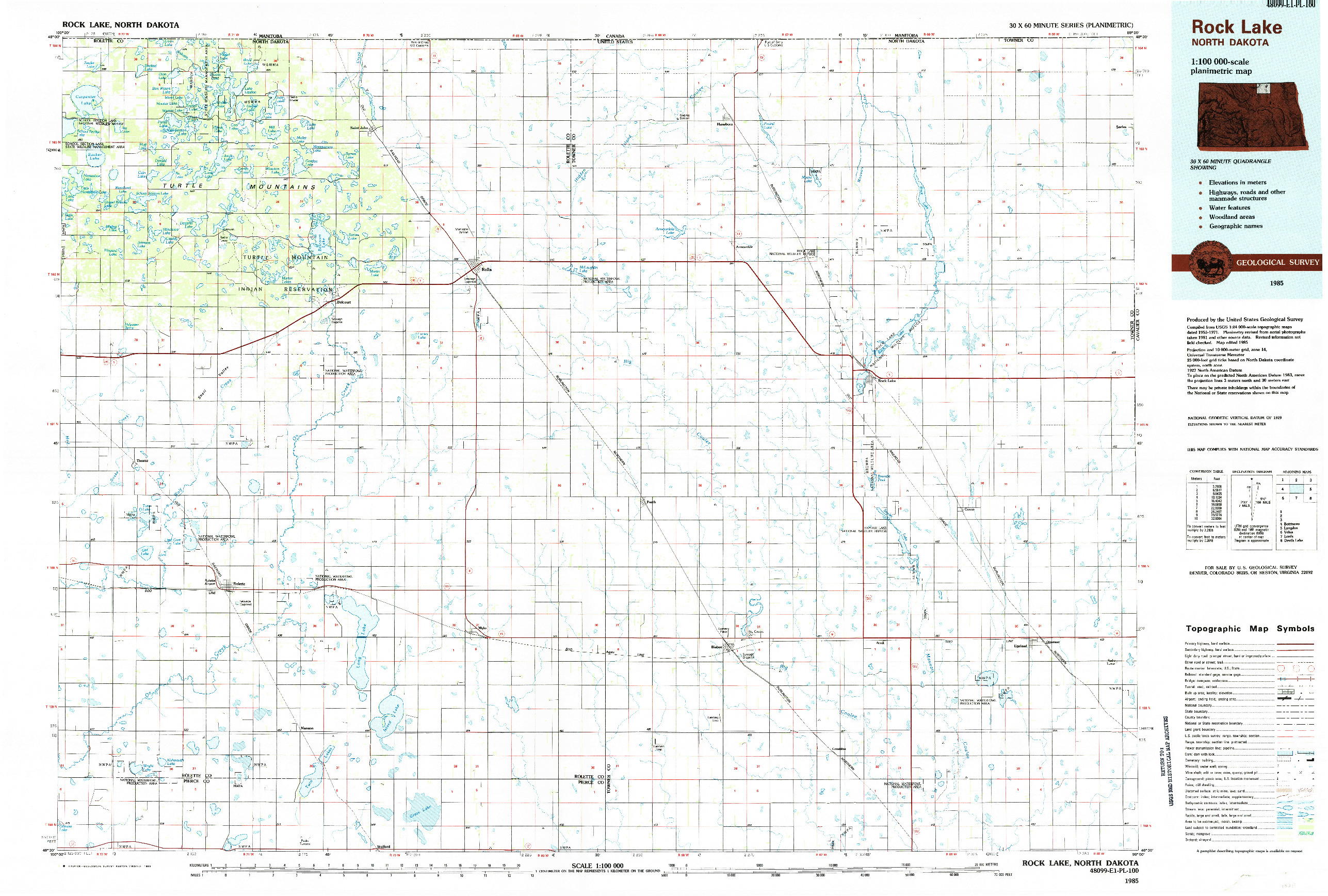 USGS 1:100000-SCALE QUADRANGLE FOR ROCK LAKE, ND 1985