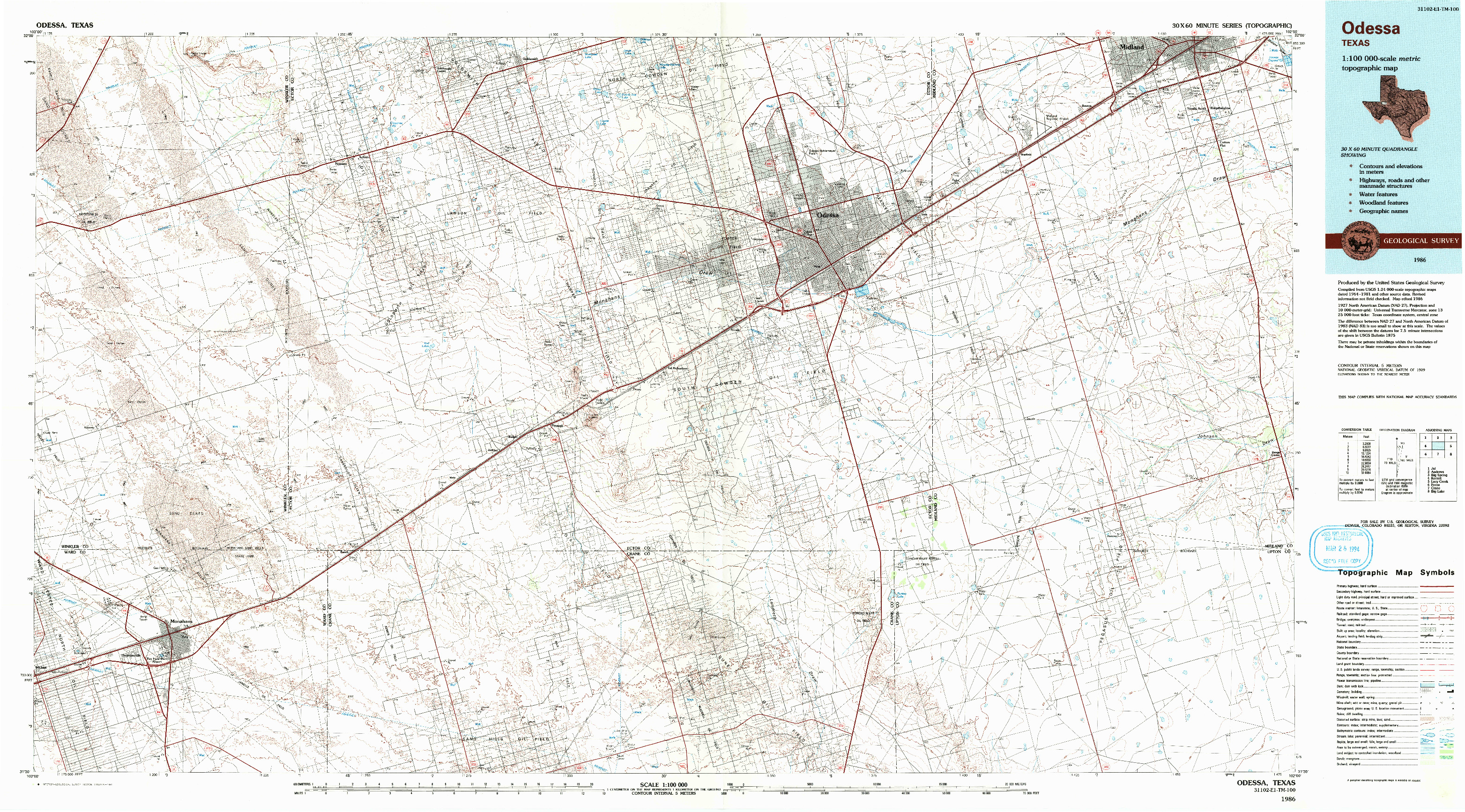 USGS 1:100000-SCALE QUADRANGLE FOR ODESSA, TX 1986