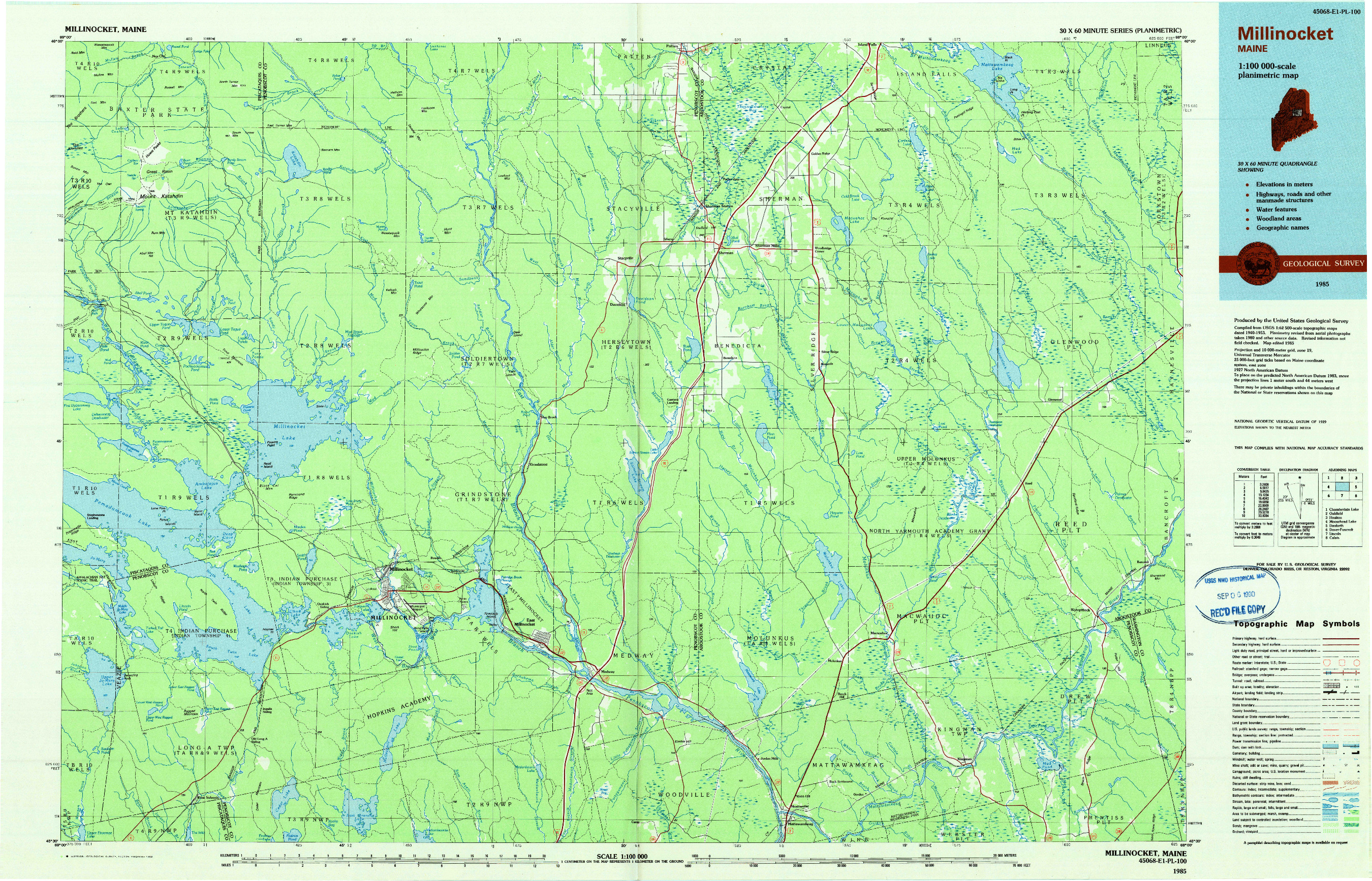 USGS 1:100000-SCALE QUADRANGLE FOR MILLINOCKET, ME 1985