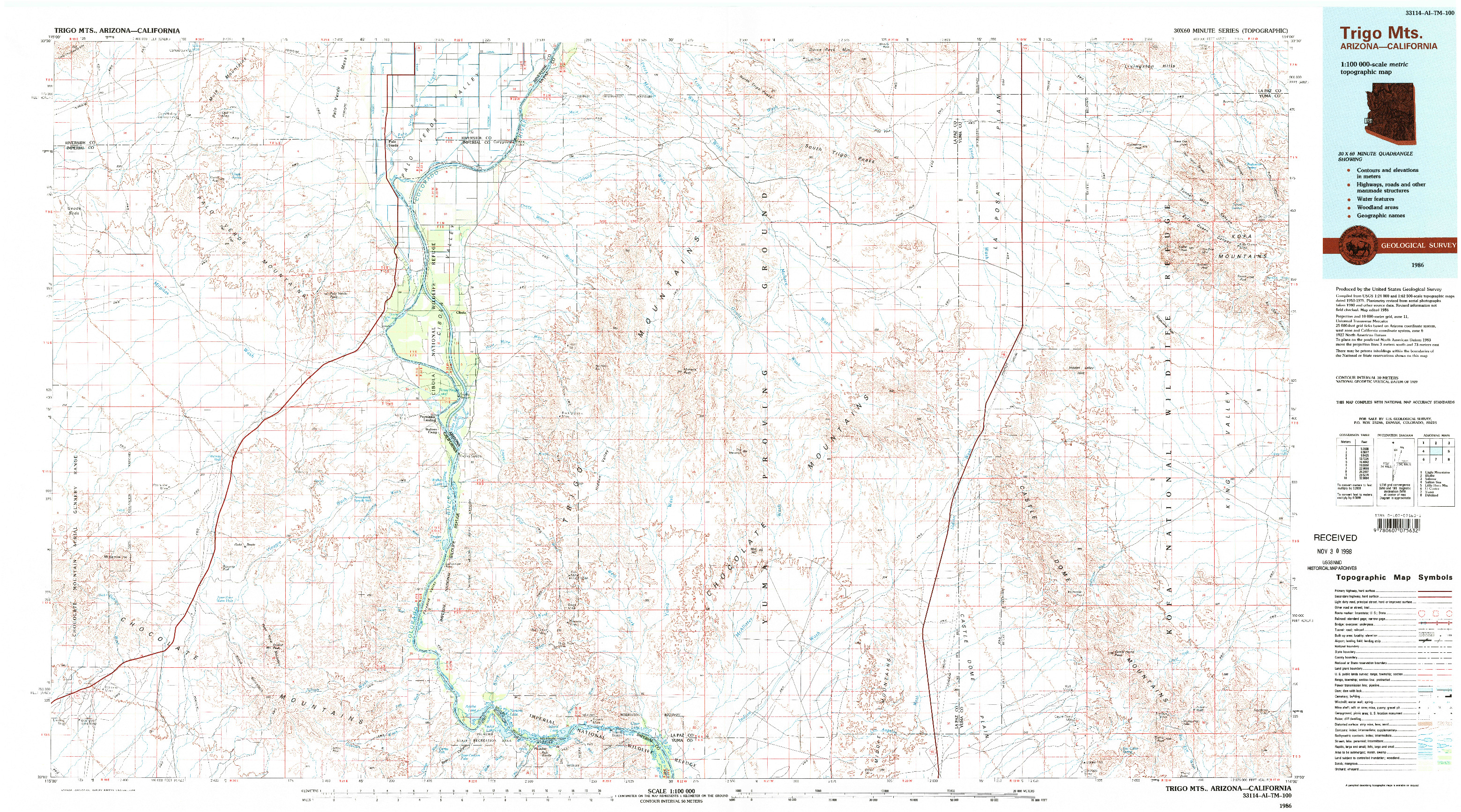 USGS 1:100000-SCALE QUADRANGLE FOR TRIGO MTS, AZ 1986