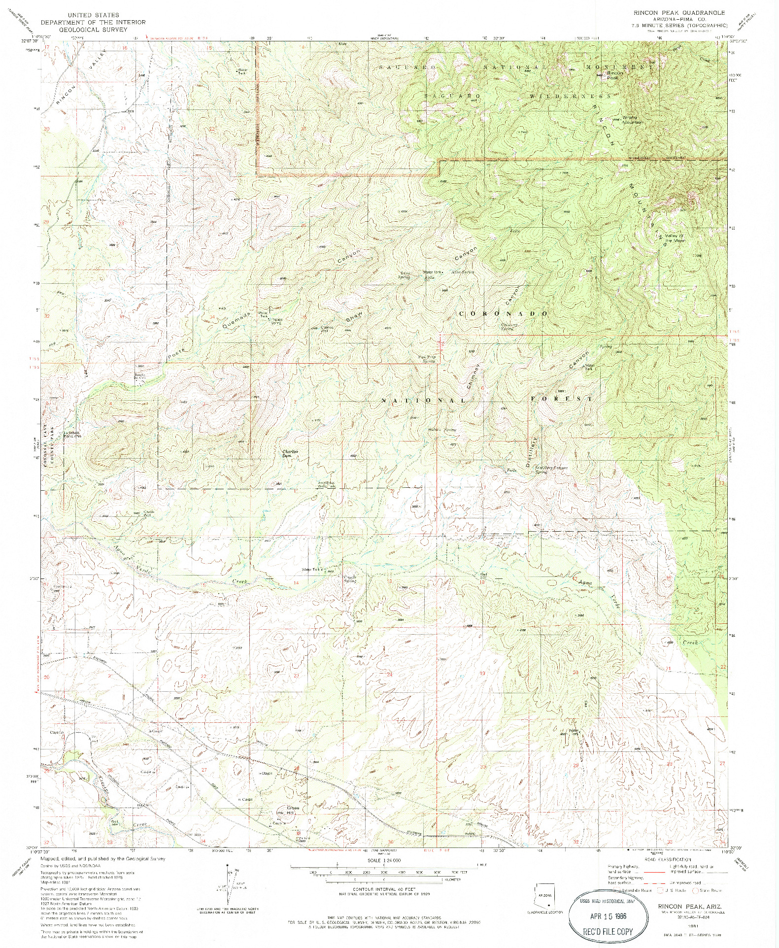 USGS 1:24000-SCALE QUADRANGLE FOR RINCON PEAK, AZ 1981