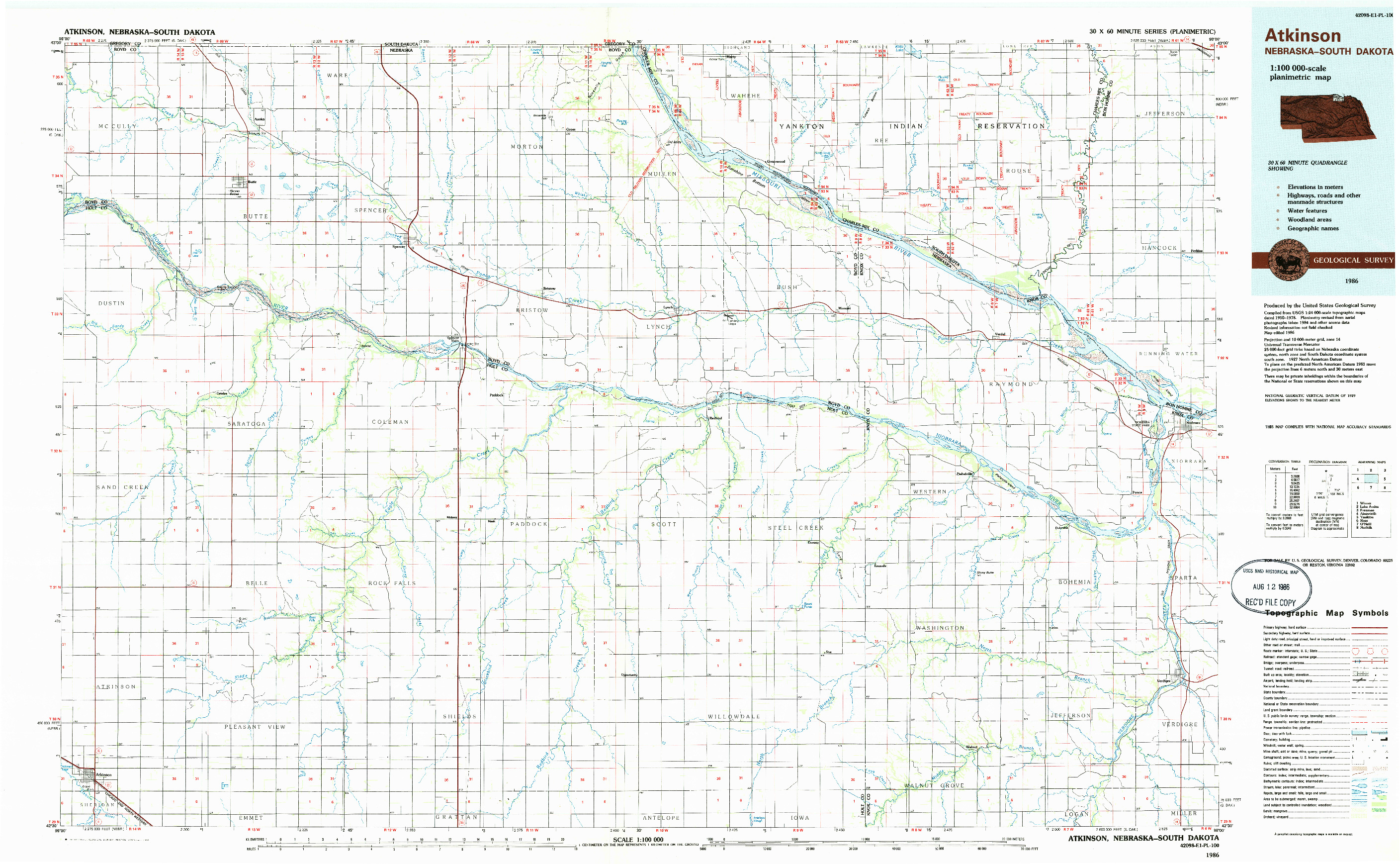 USGS 1:100000-SCALE QUADRANGLE FOR ATKINSON, NE 1986