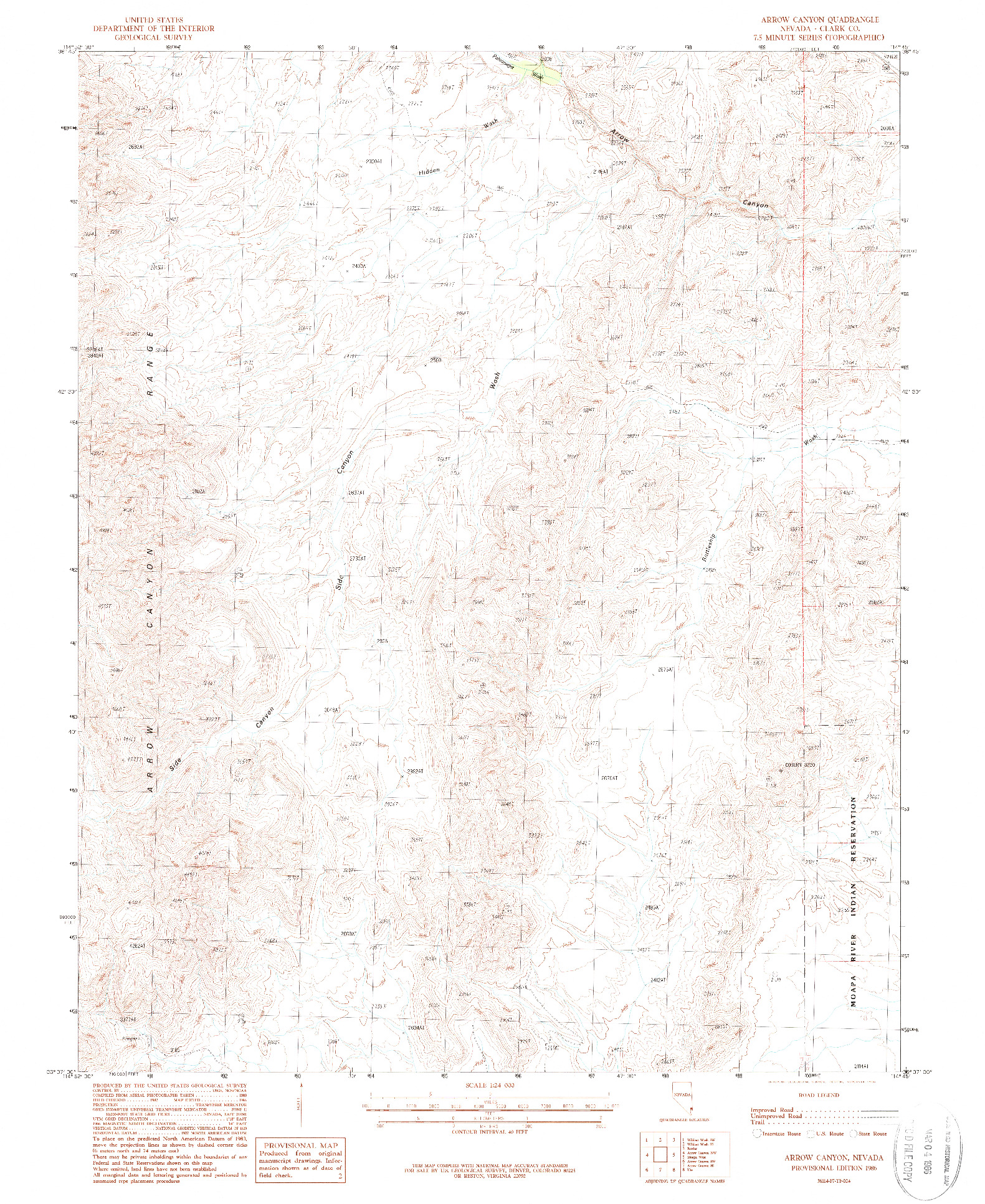 USGS 1:24000-SCALE QUADRANGLE FOR ARROW CANYON, NV 1986