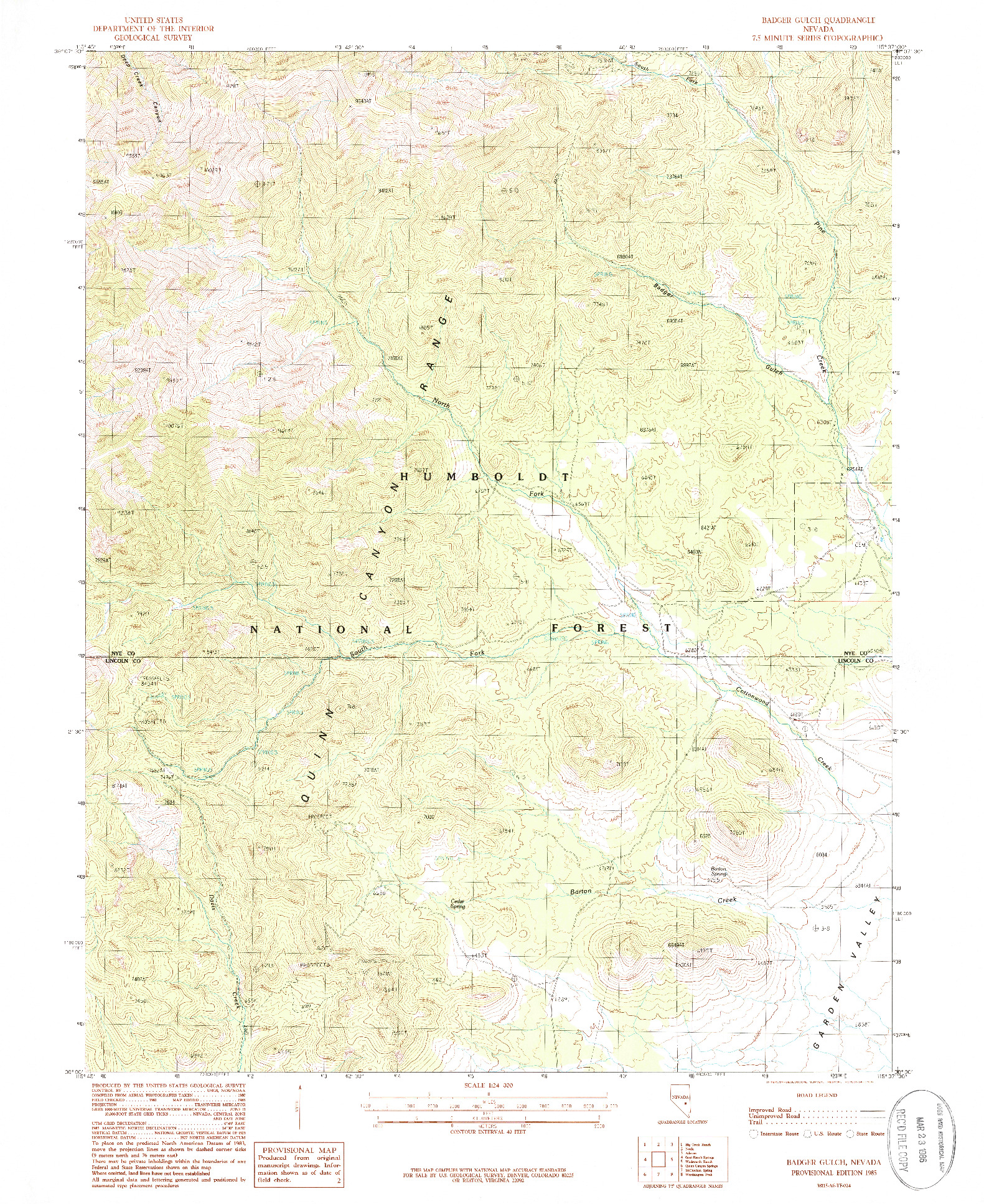 USGS 1:24000-SCALE QUADRANGLE FOR BADGER GULCH, NV 1985