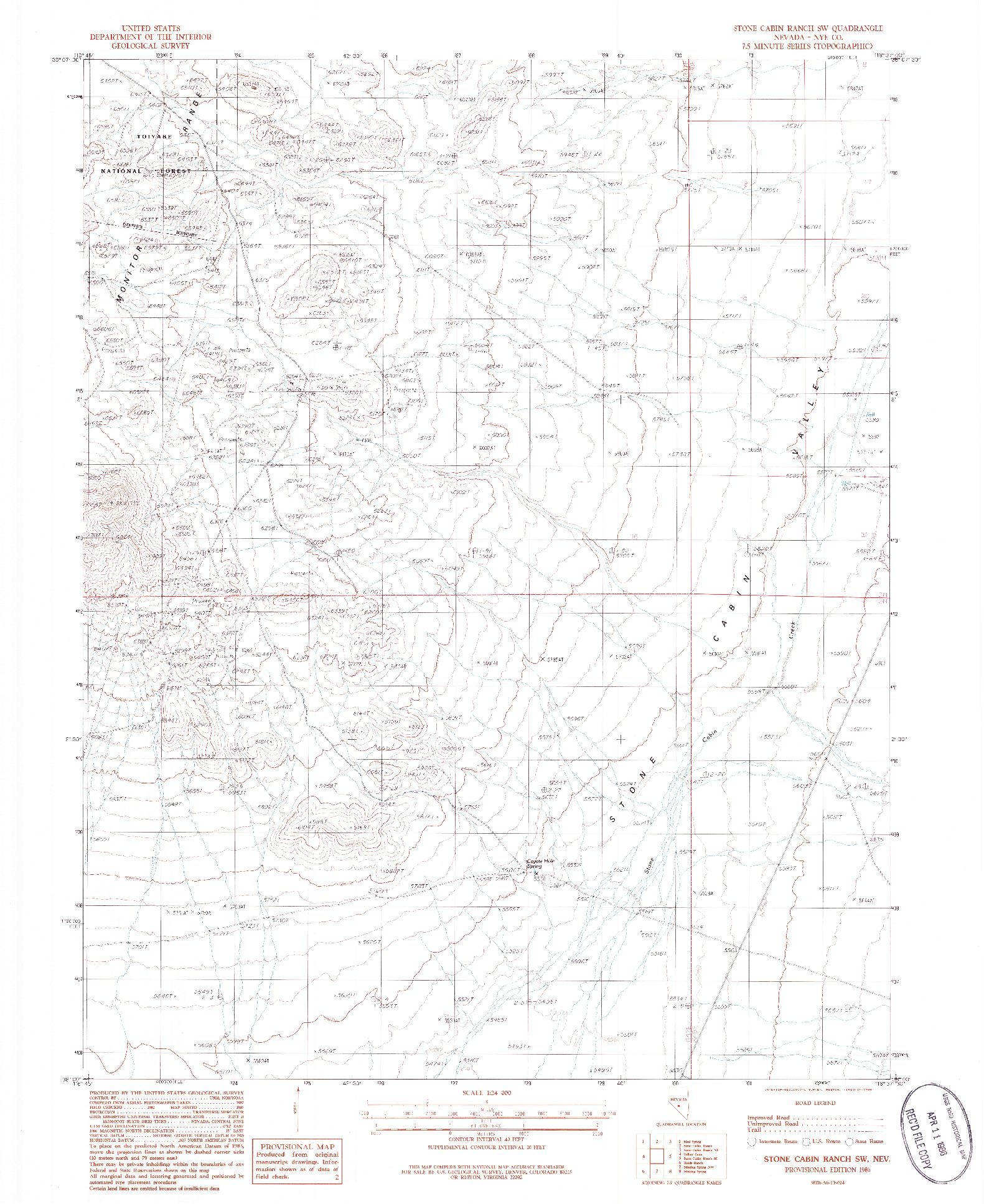 USGS 1:24000-SCALE QUADRANGLE FOR STONE CABIN RANCH SW, NV 1986