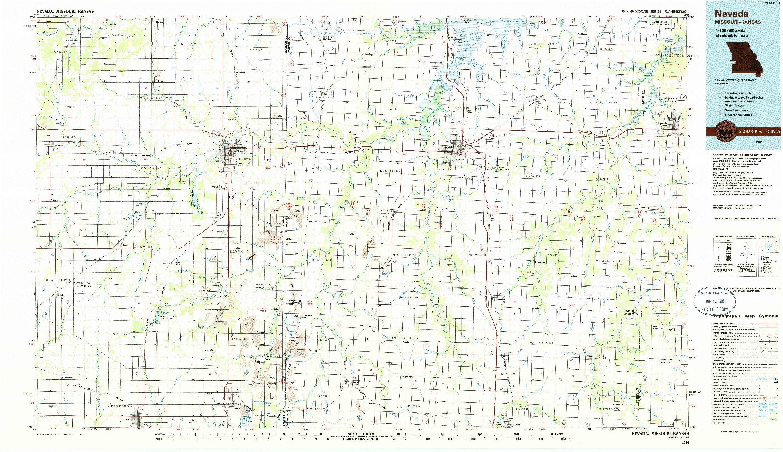 USGS 1:100000-SCALE QUADRANGLE FOR NEVADA, MO 1986