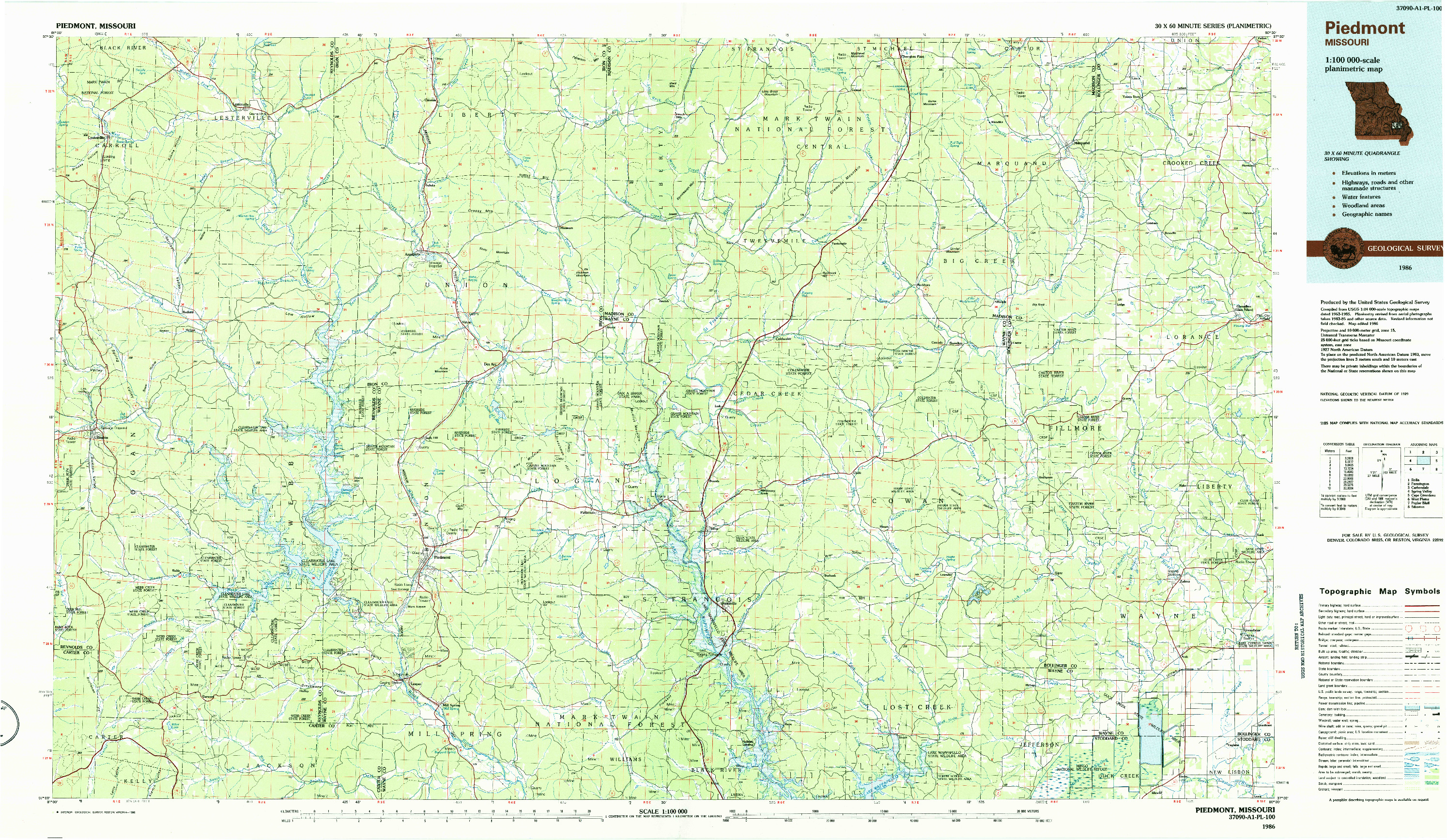USGS 1:100000-SCALE QUADRANGLE FOR PIEDMONT, MO 1986