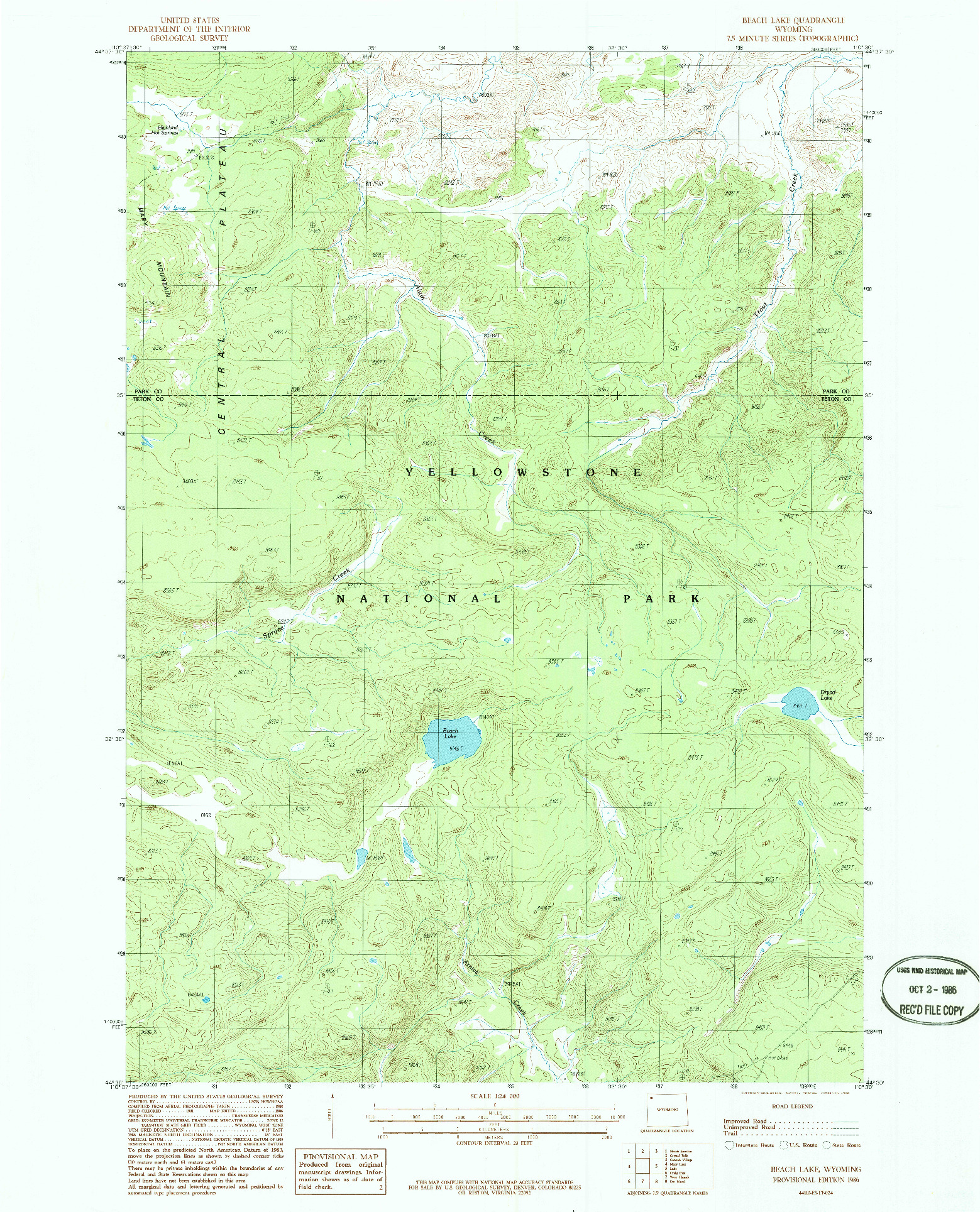 USGS 1:24000-SCALE QUADRANGLE FOR BEACH LAKE, WY 1986