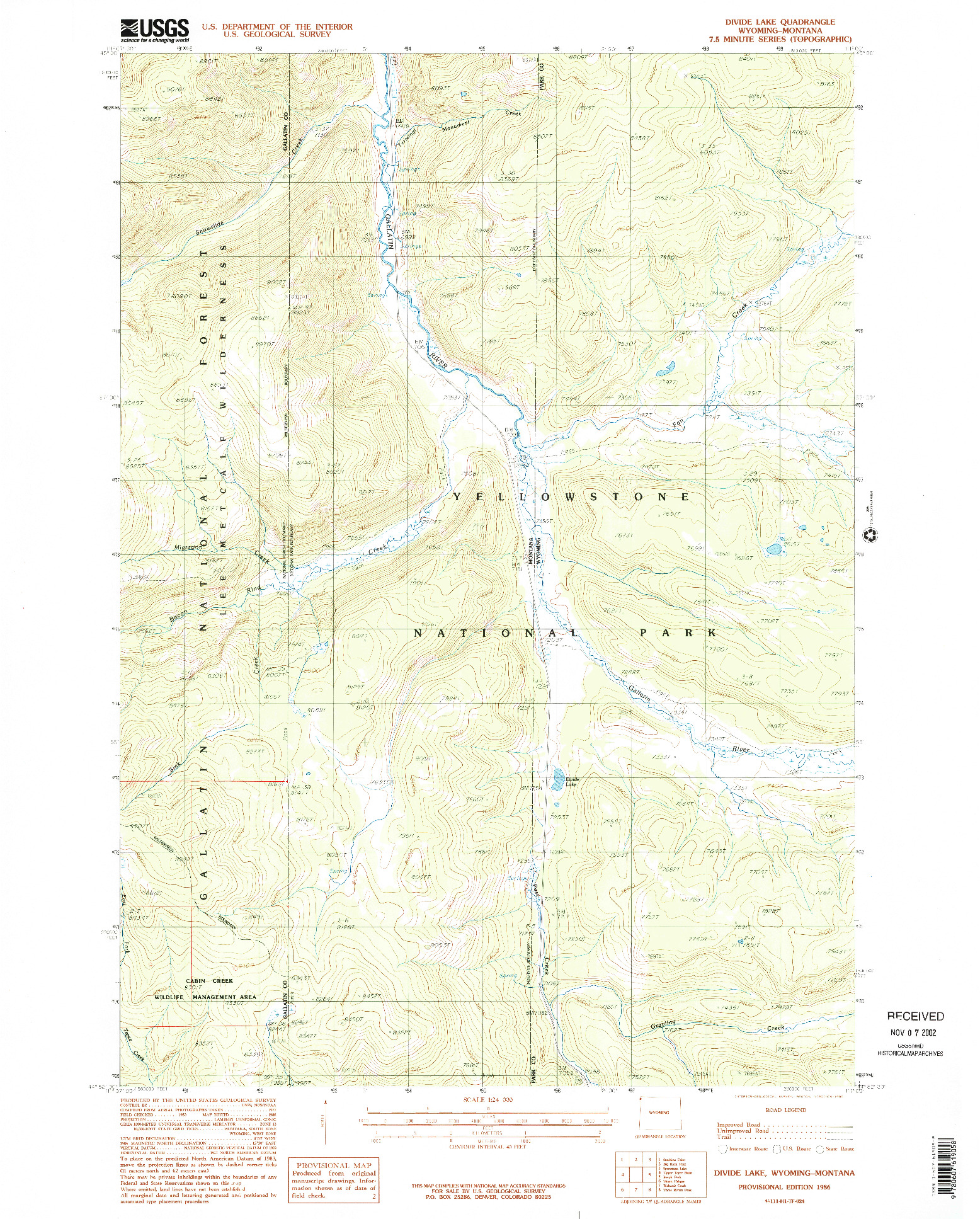 USGS 1:24000-SCALE QUADRANGLE FOR DIVIDE LAKE, WY 1986