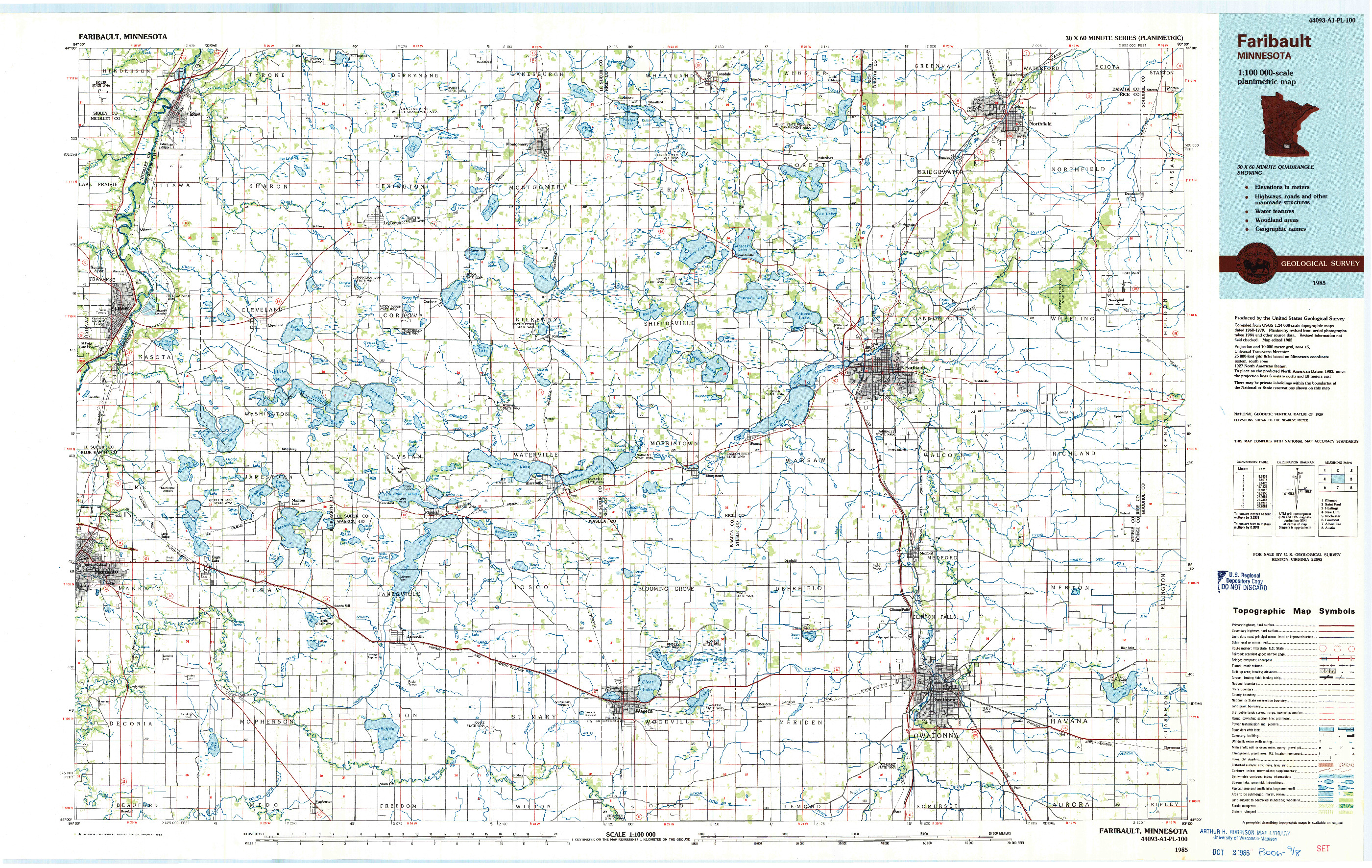 USGS 1:100000-SCALE QUADRANGLE FOR FARIBAULT, MN 1985