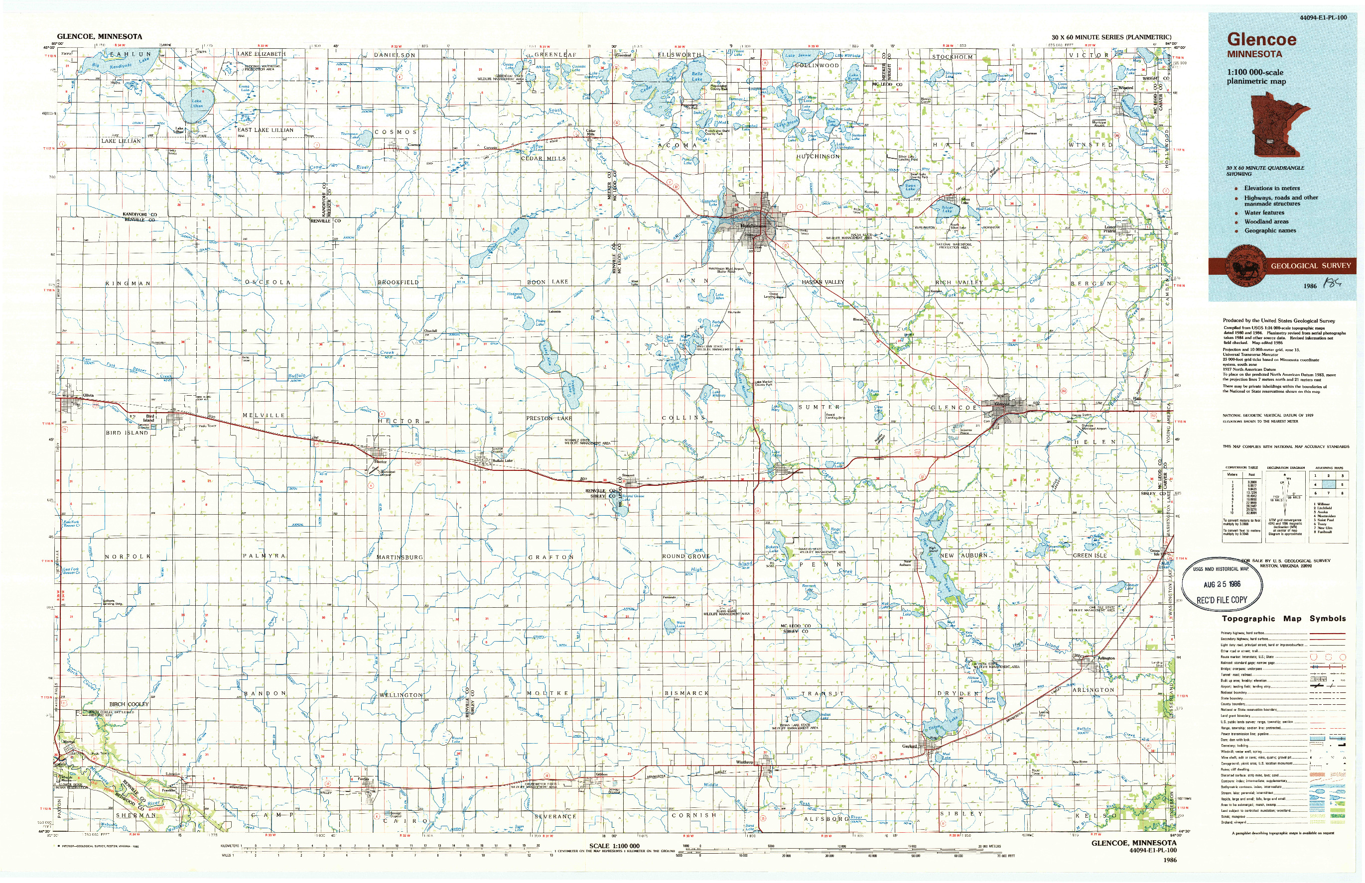 USGS 1:100000-SCALE QUADRANGLE FOR GLENCOE, MN 1986