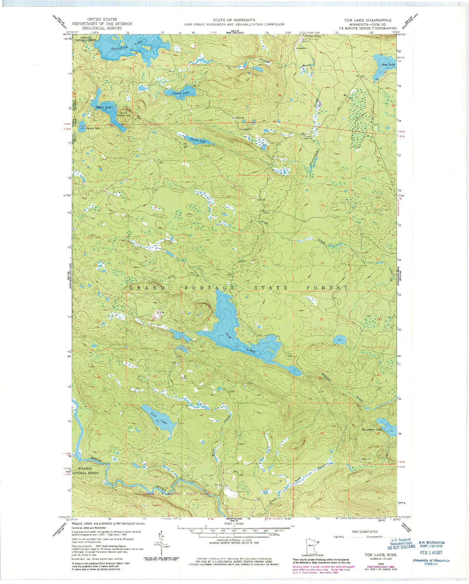 USGS 1:24000-SCALE QUADRANGLE FOR TOM LAKE, MN 1959