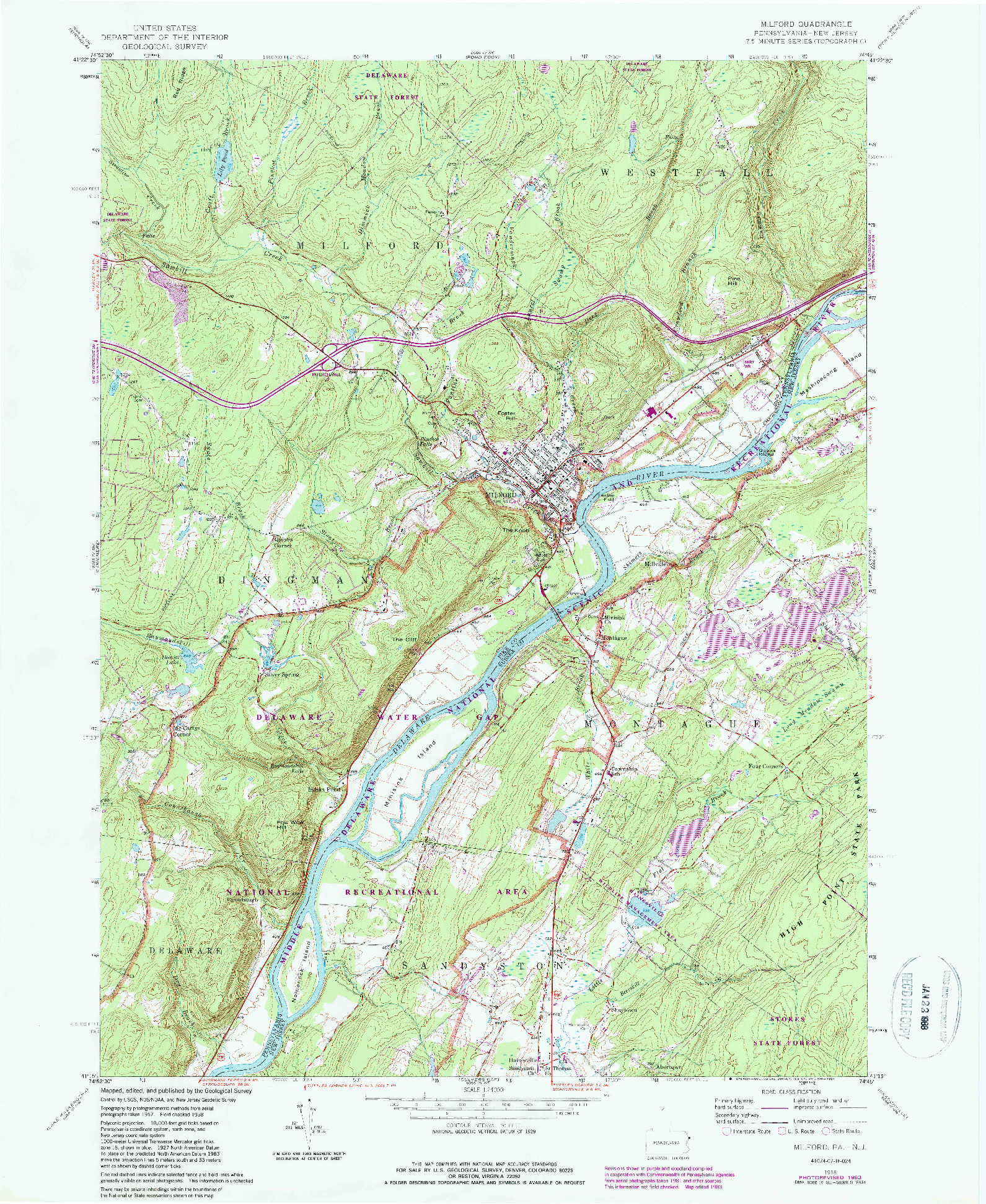 USGS 1:24000-SCALE QUADRANGLE FOR MILFORD, PA 1958