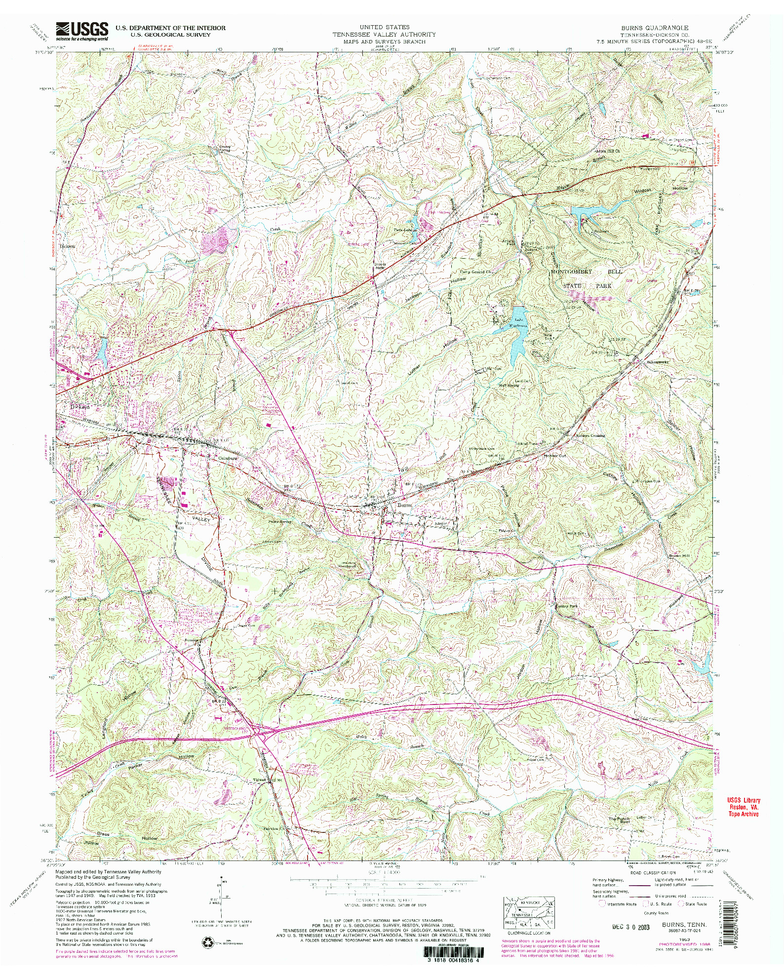 USGS 1:24000-SCALE QUADRANGLE FOR BURNS, TN 1953