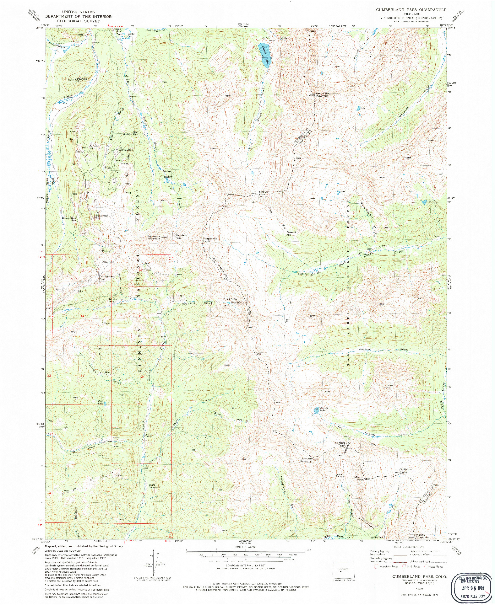 USGS 1:24000-SCALE QUADRANGLE FOR CUMBERLAND PASS, CO 1982