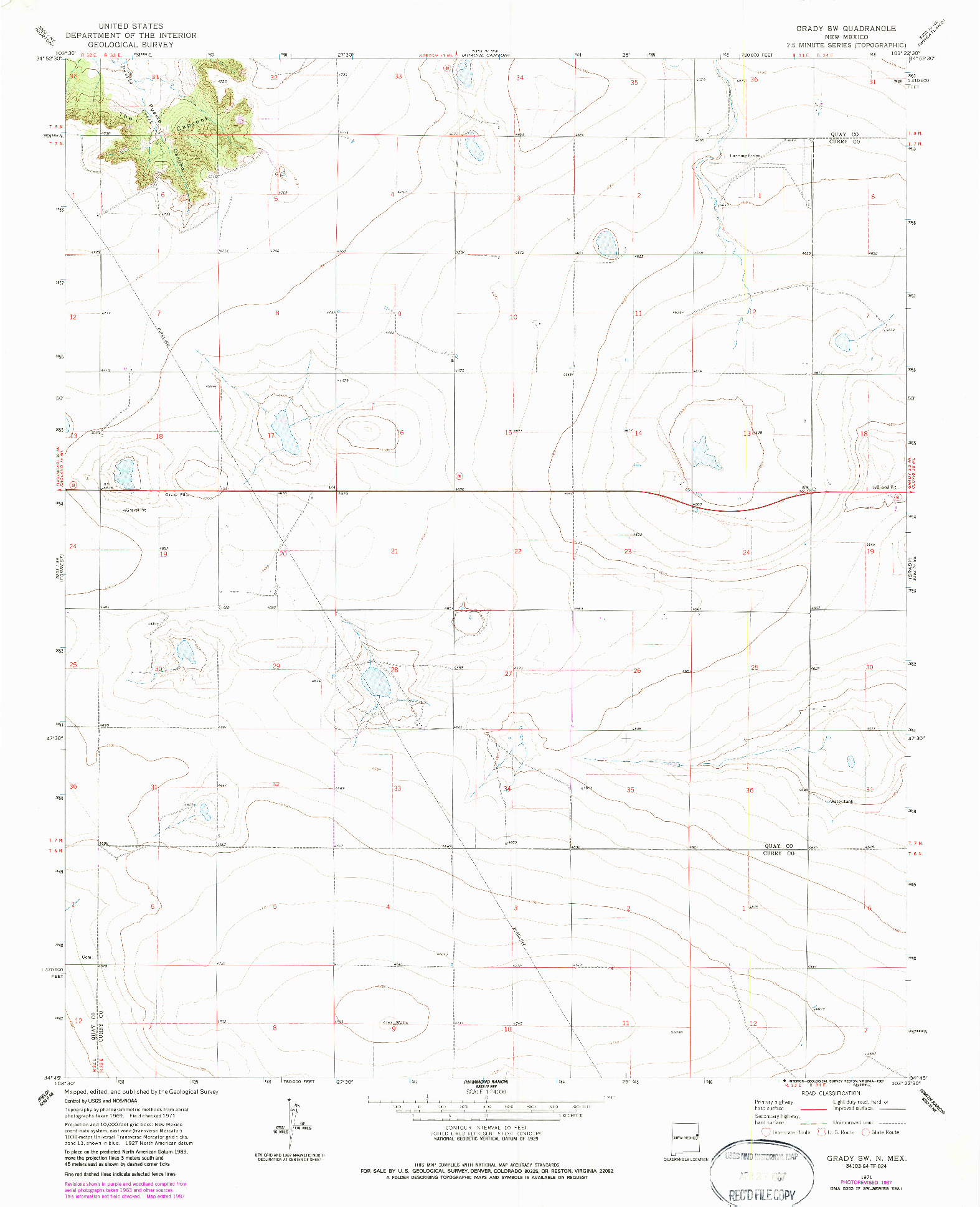USGS 1:24000-SCALE QUADRANGLE FOR GRADY SW, NM 1971