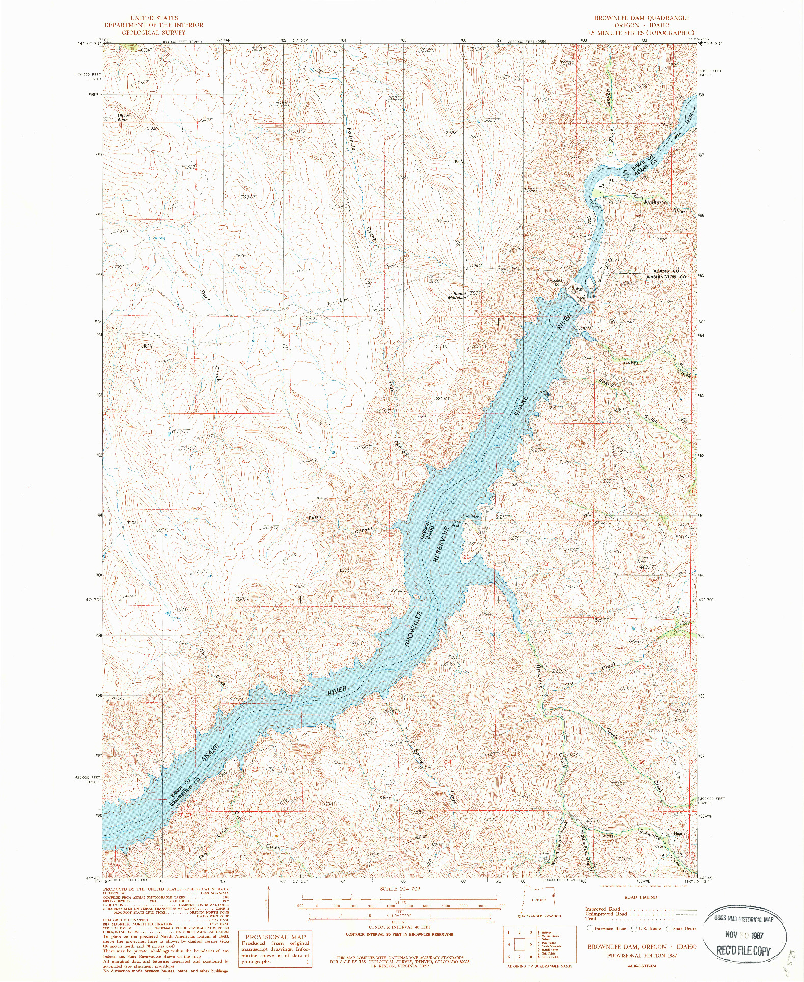 USGS 1:24000-SCALE QUADRANGLE FOR BROWNLEE DAM, OR 1987