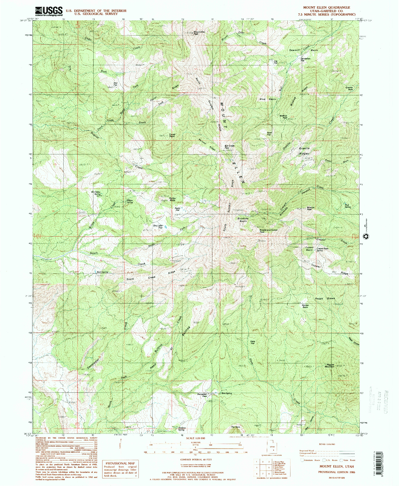 USGS 1:24000-SCALE QUADRANGLE FOR MOUNT ELLEN, UT 1986