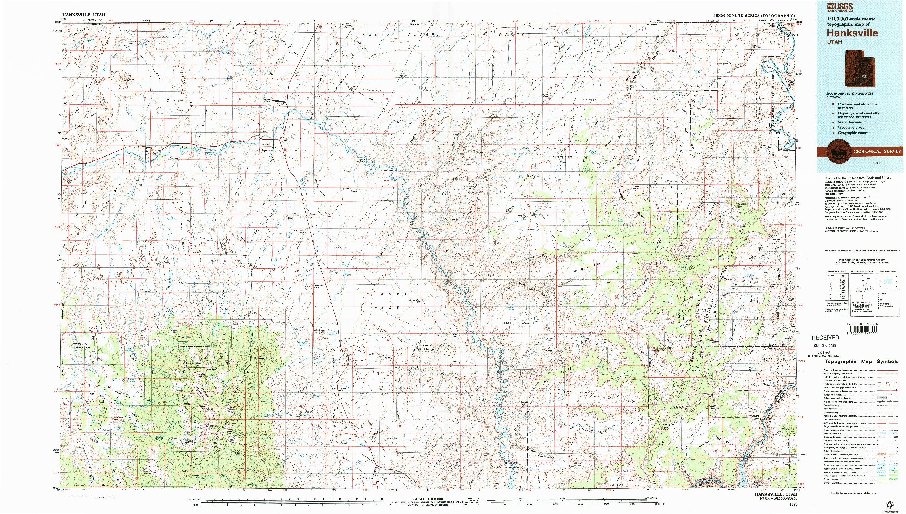 USGS 1:100000-SCALE QUADRANGLE FOR HANKSVILLE, UT 1980