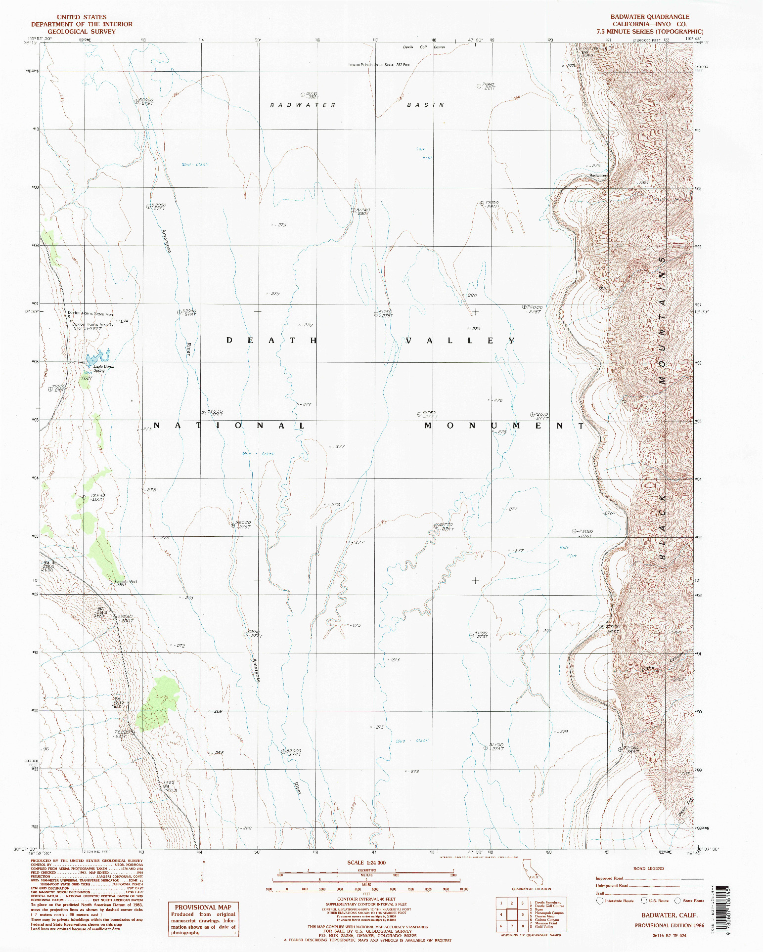 USGS 1:24000-SCALE QUADRANGLE FOR BADWATER, CA 1986