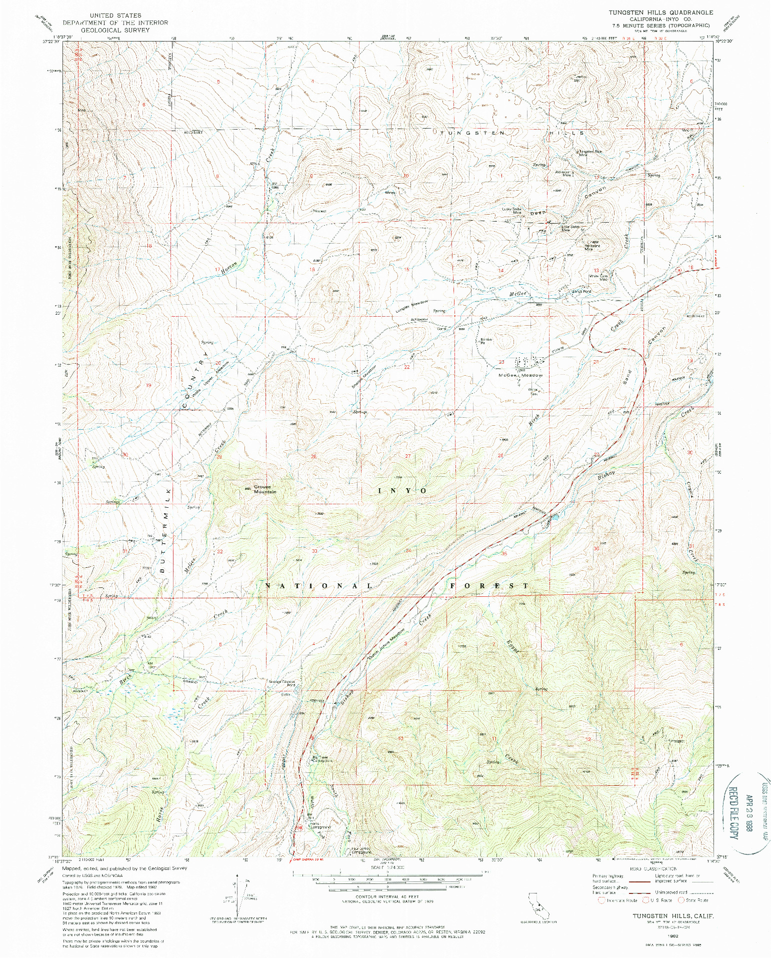 USGS 1:24000-SCALE QUADRANGLE FOR TUNGSTEN HILLS, CA 1982