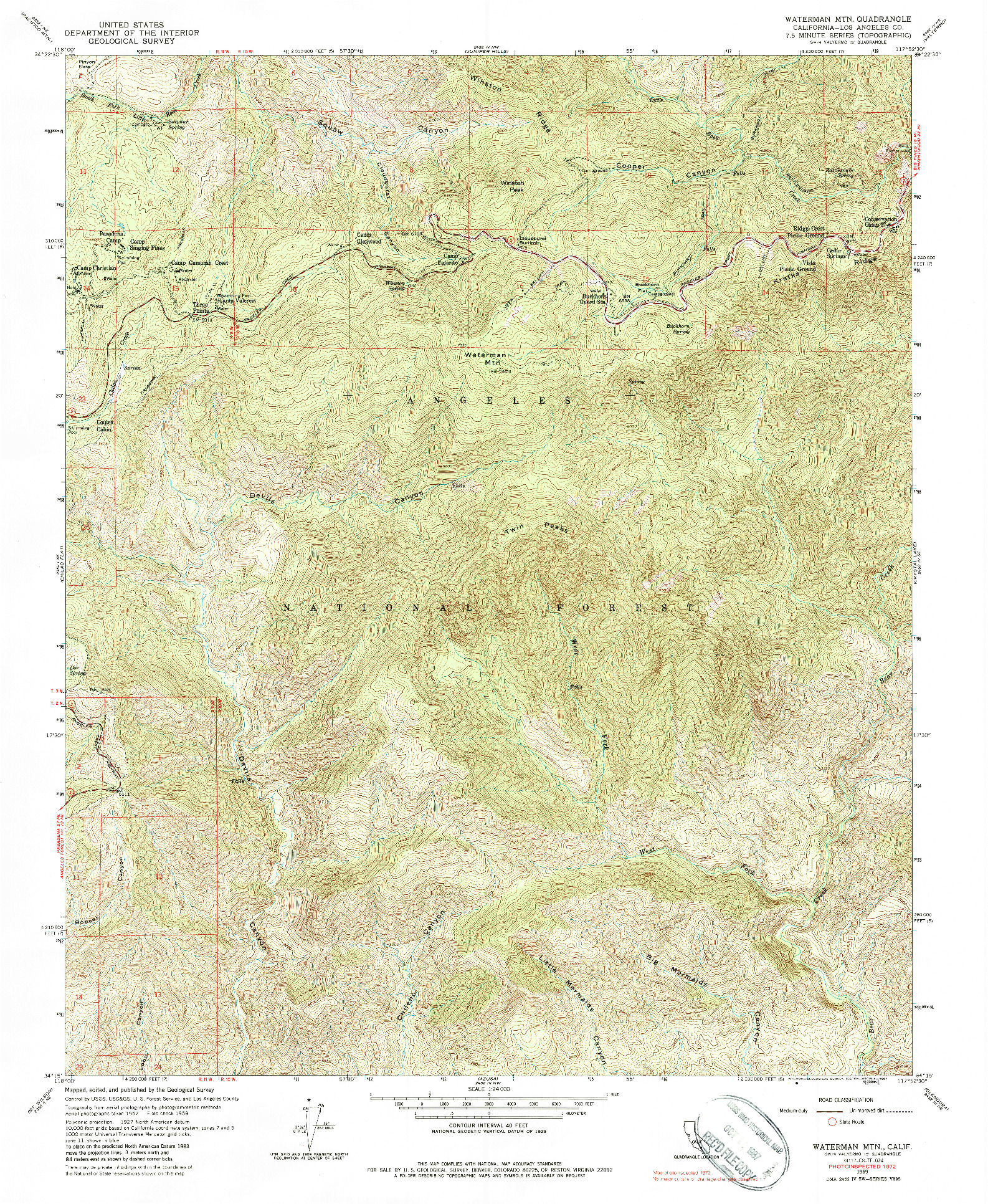 USGS 1:24000-SCALE QUADRANGLE FOR WATERMAN MTN, CA 1959