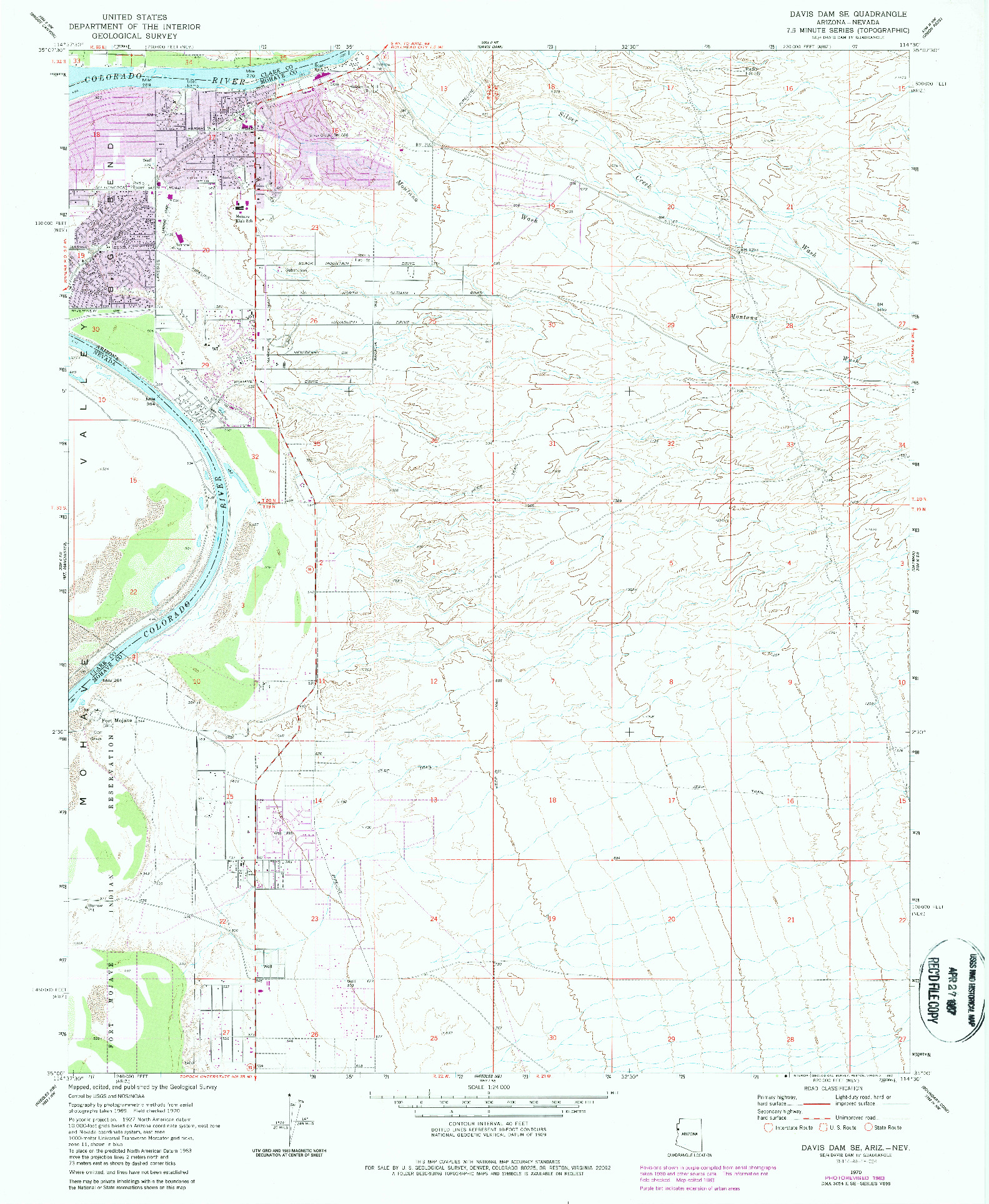 USGS 1:24000-SCALE QUADRANGLE FOR DAVIS DAM SE, AZ 1970