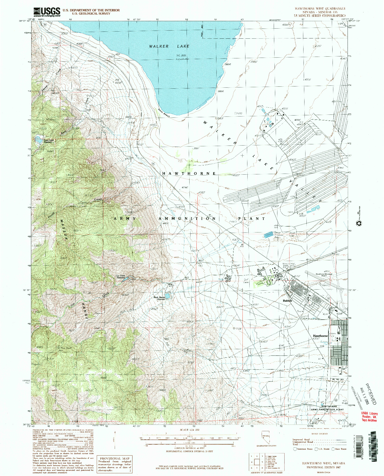 USGS 1:24000-SCALE QUADRANGLE FOR HAWTHORNE WEST, NV 1987