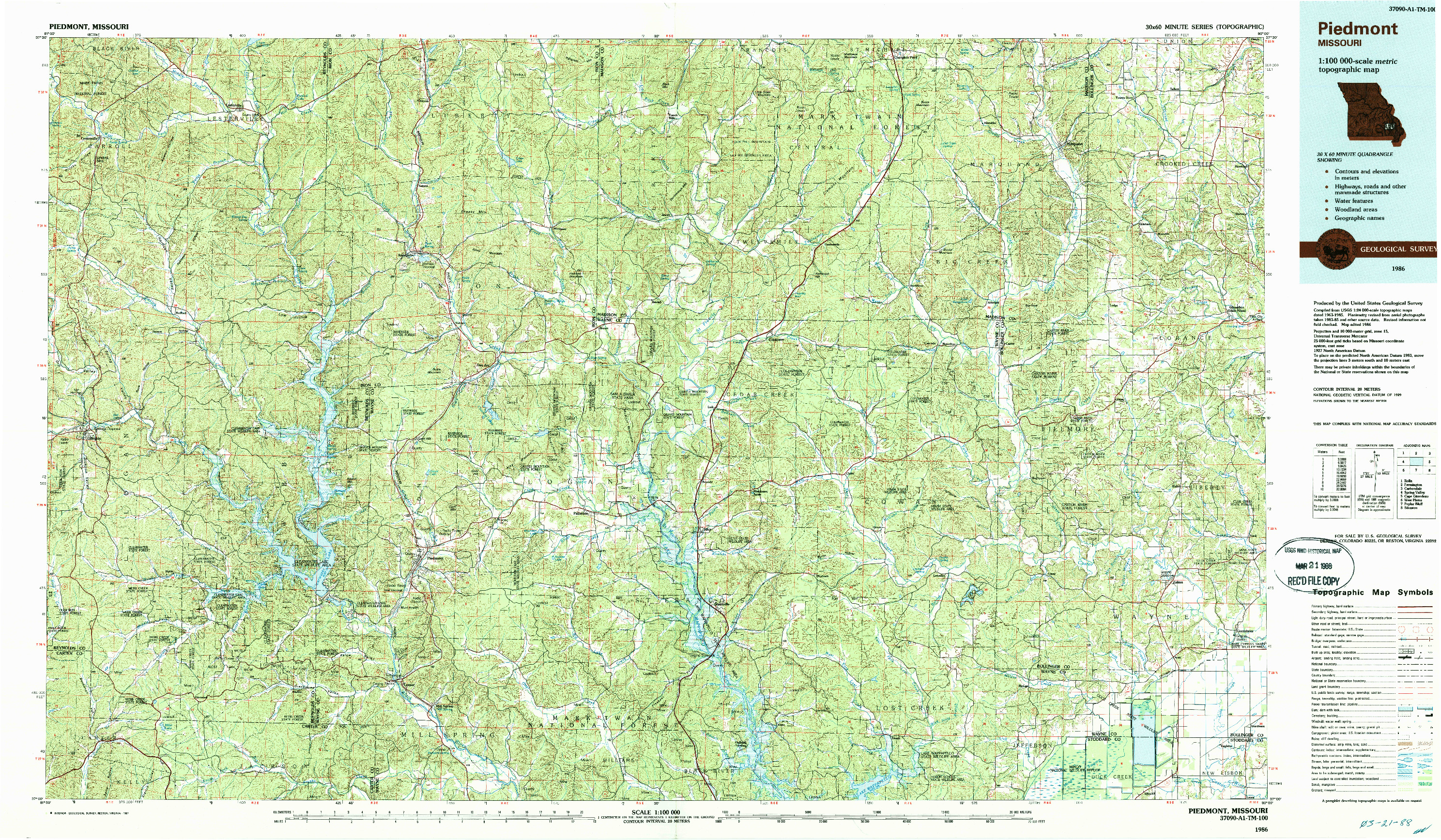 USGS 1:100000-SCALE QUADRANGLE FOR PIEDMONT, MO 1986