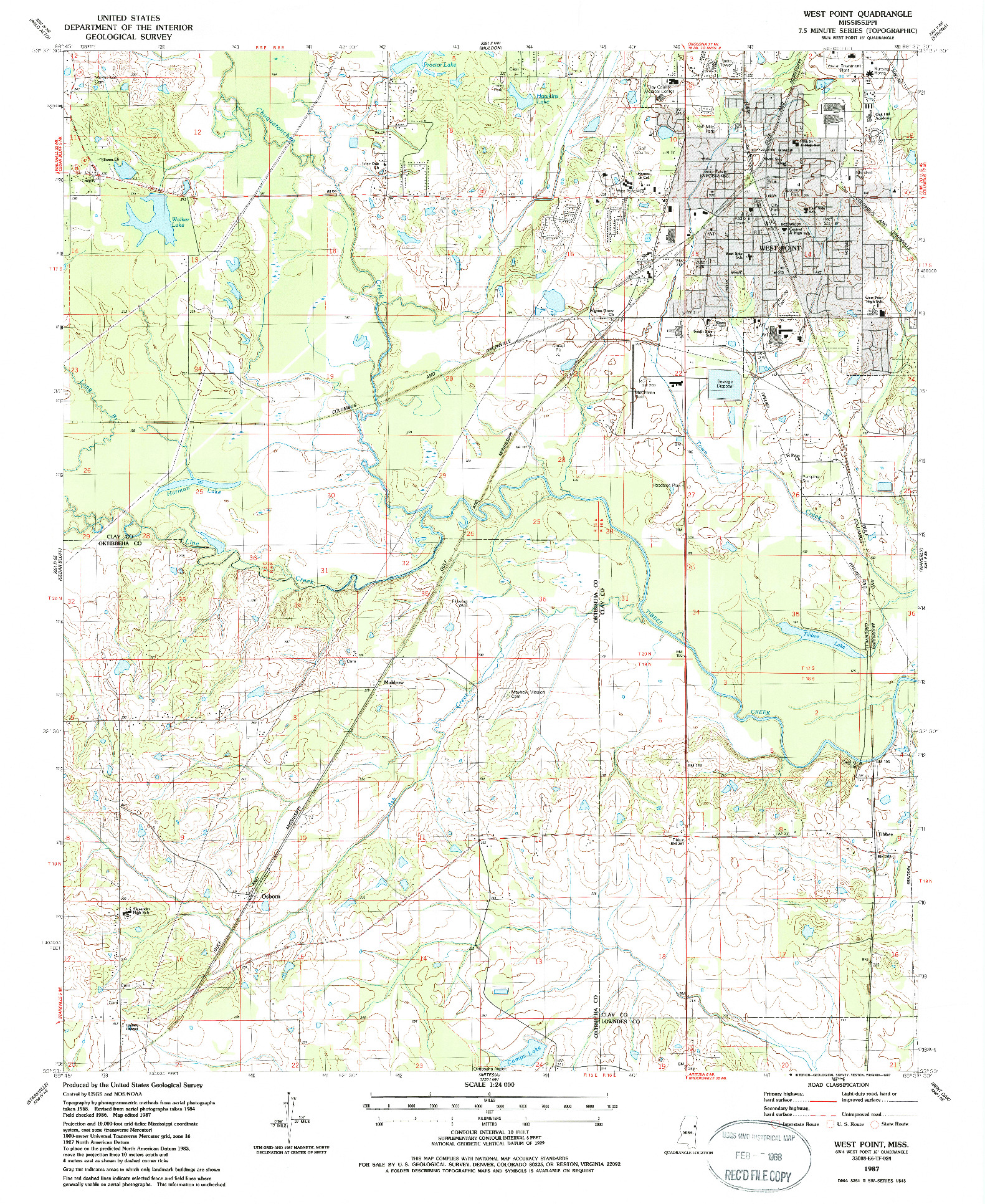 USGS 1:24000-SCALE QUADRANGLE FOR WEST POINT, MS 1987
