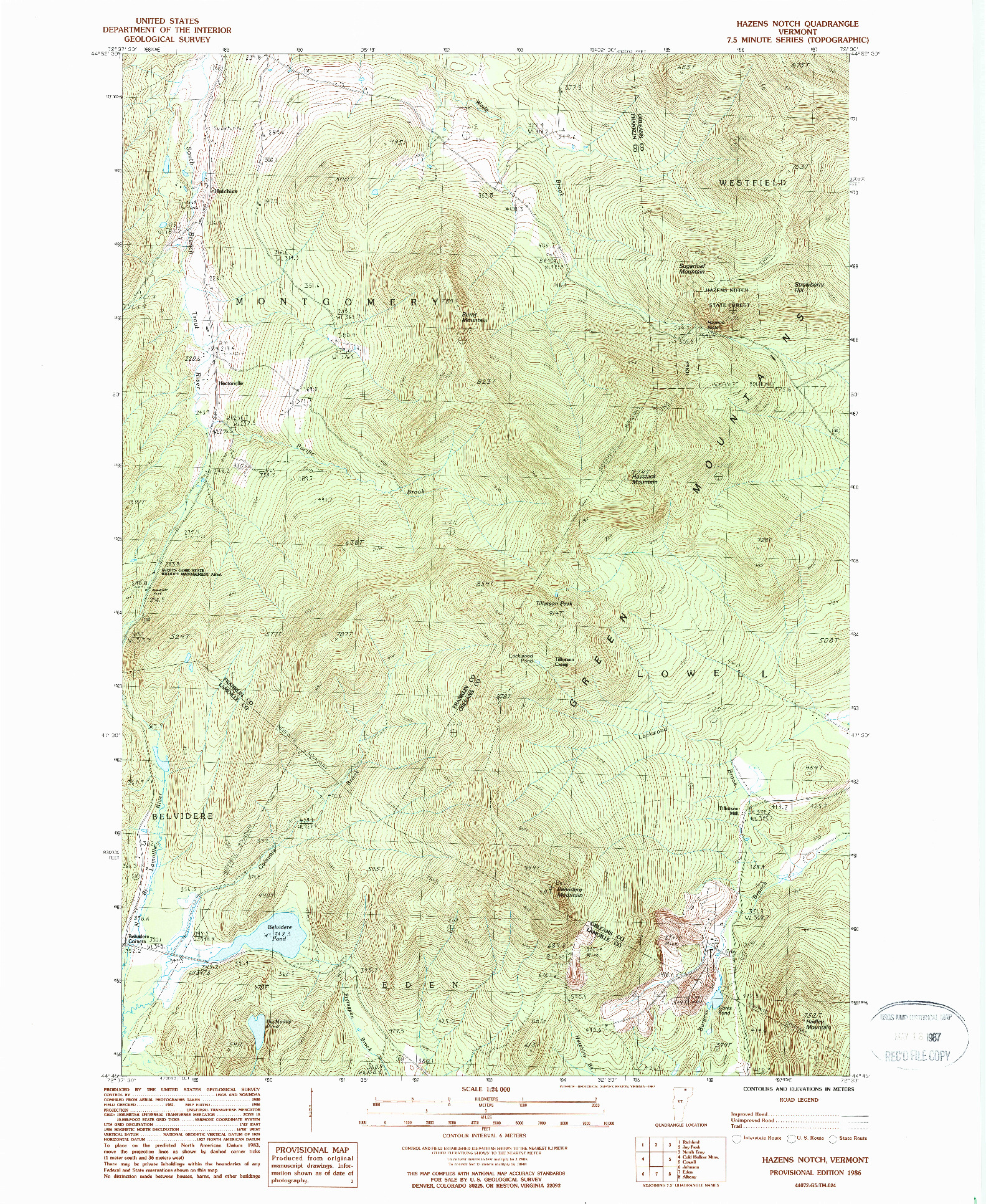 USGS 1:24000-SCALE QUADRANGLE FOR HAZENS NOTCH, VT 1986
