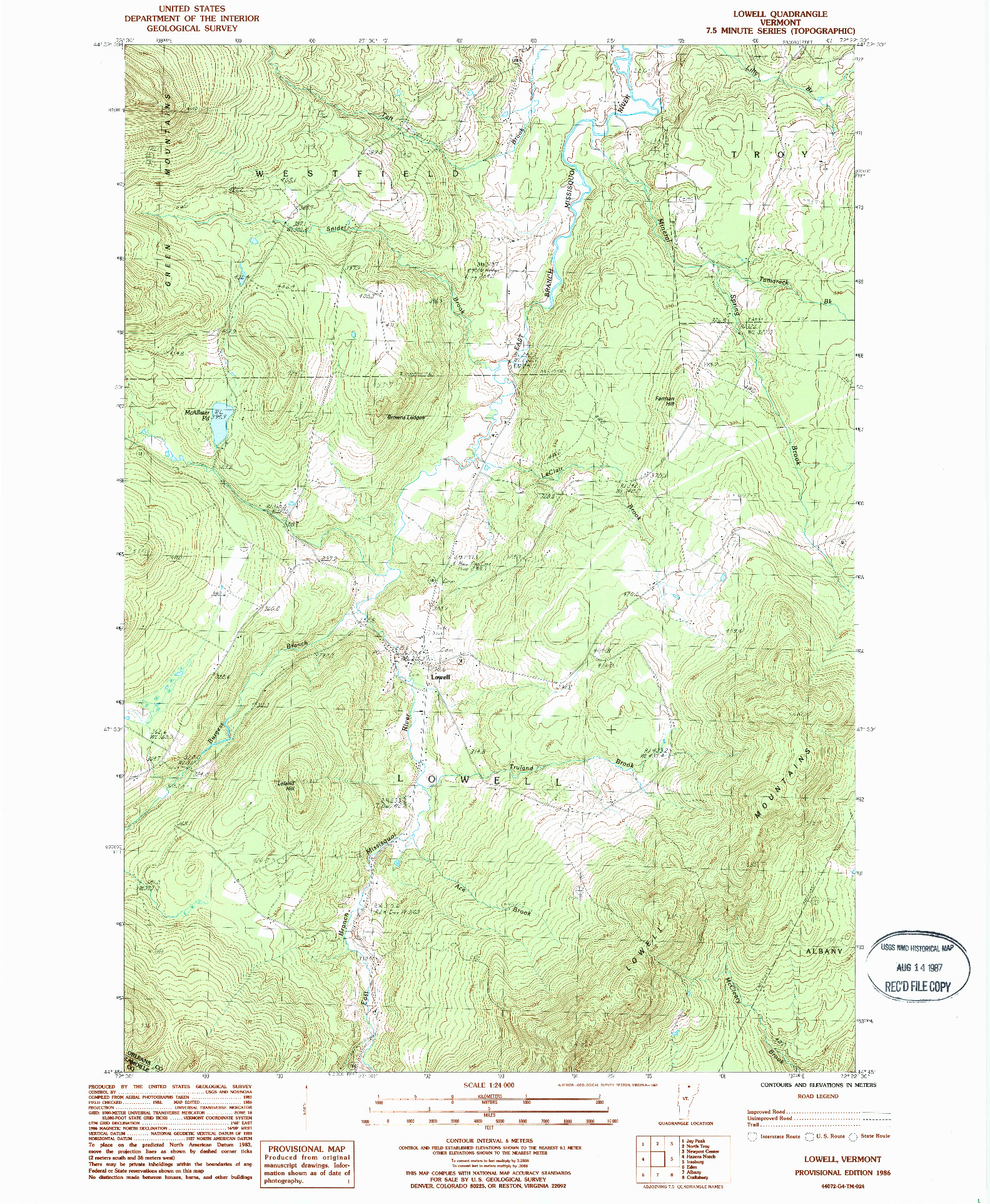 USGS 1:24000-SCALE QUADRANGLE FOR LOWELL, VT 1986