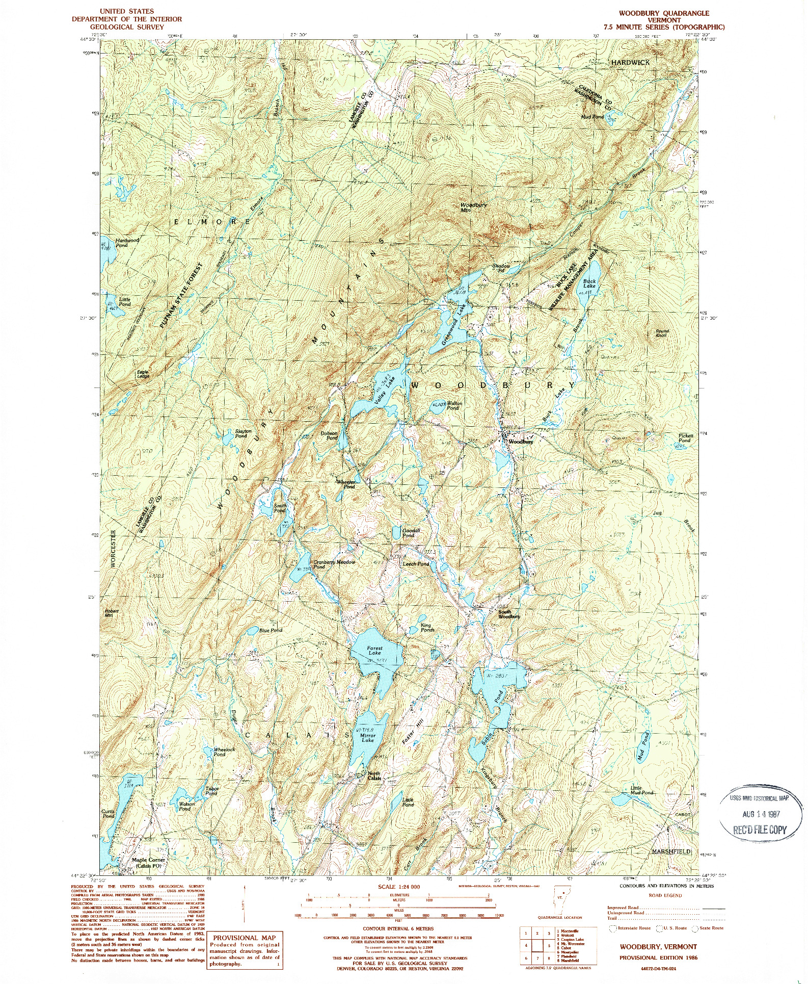 USGS 1:24000-SCALE QUADRANGLE FOR WOODBURY, VT 1986
