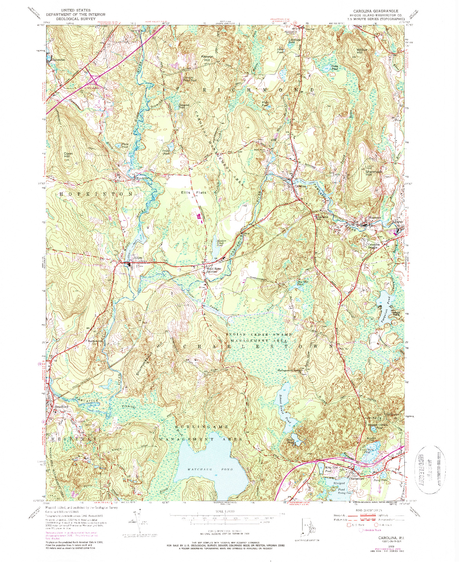 USGS 1:24000-SCALE QUADRANGLE FOR CAROLINA, RI 1953