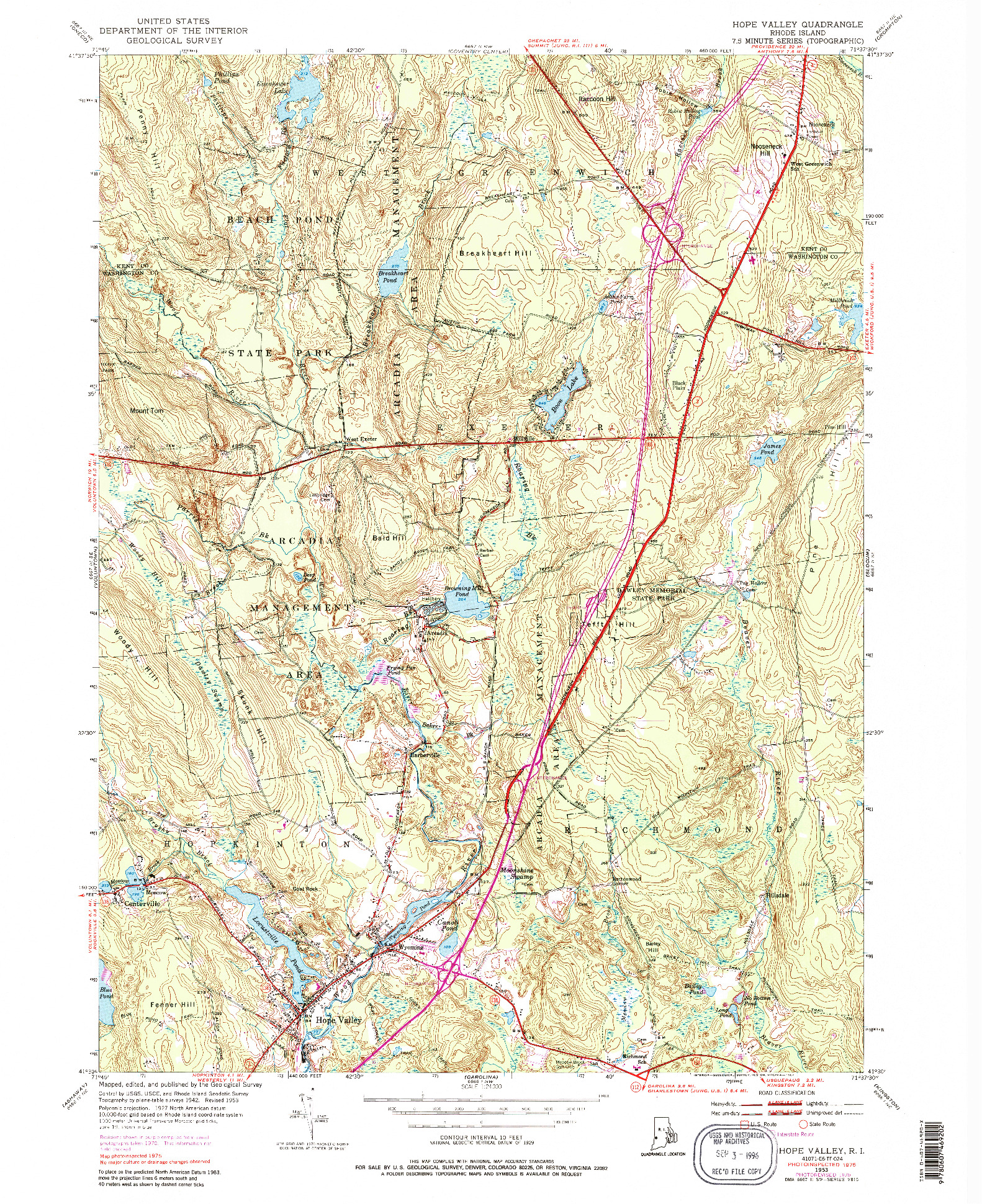 USGS 1:24000-SCALE QUADRANGLE FOR HOPE VALLEY, RI 1953