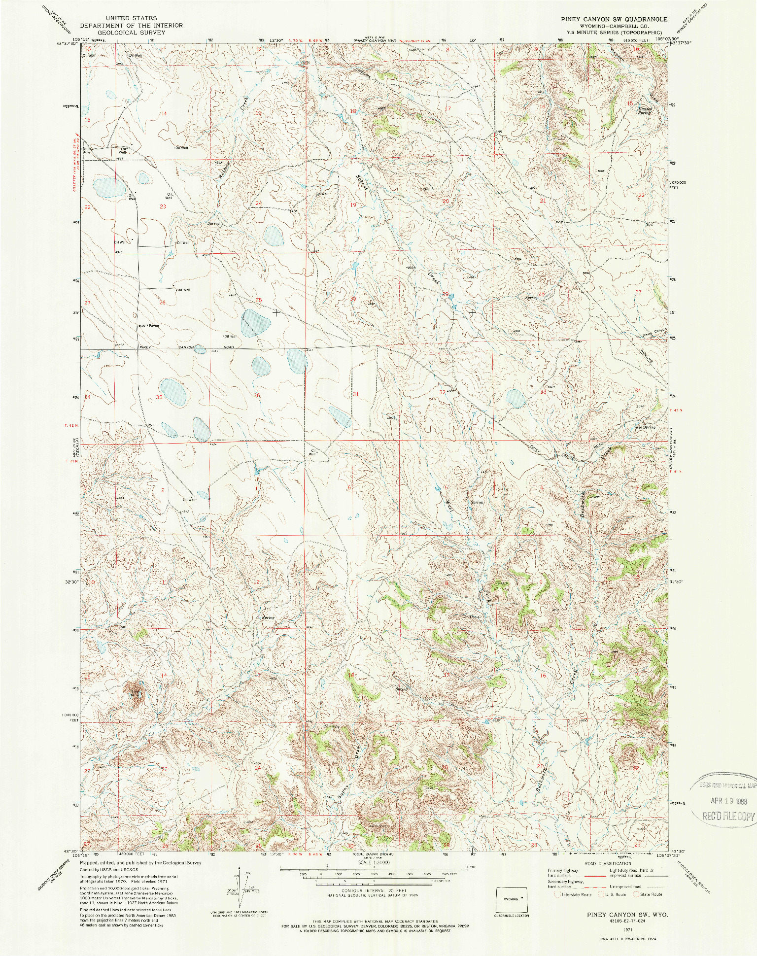 USGS 1:24000-SCALE QUADRANGLE FOR PINEY CANYON SW, WY 1971