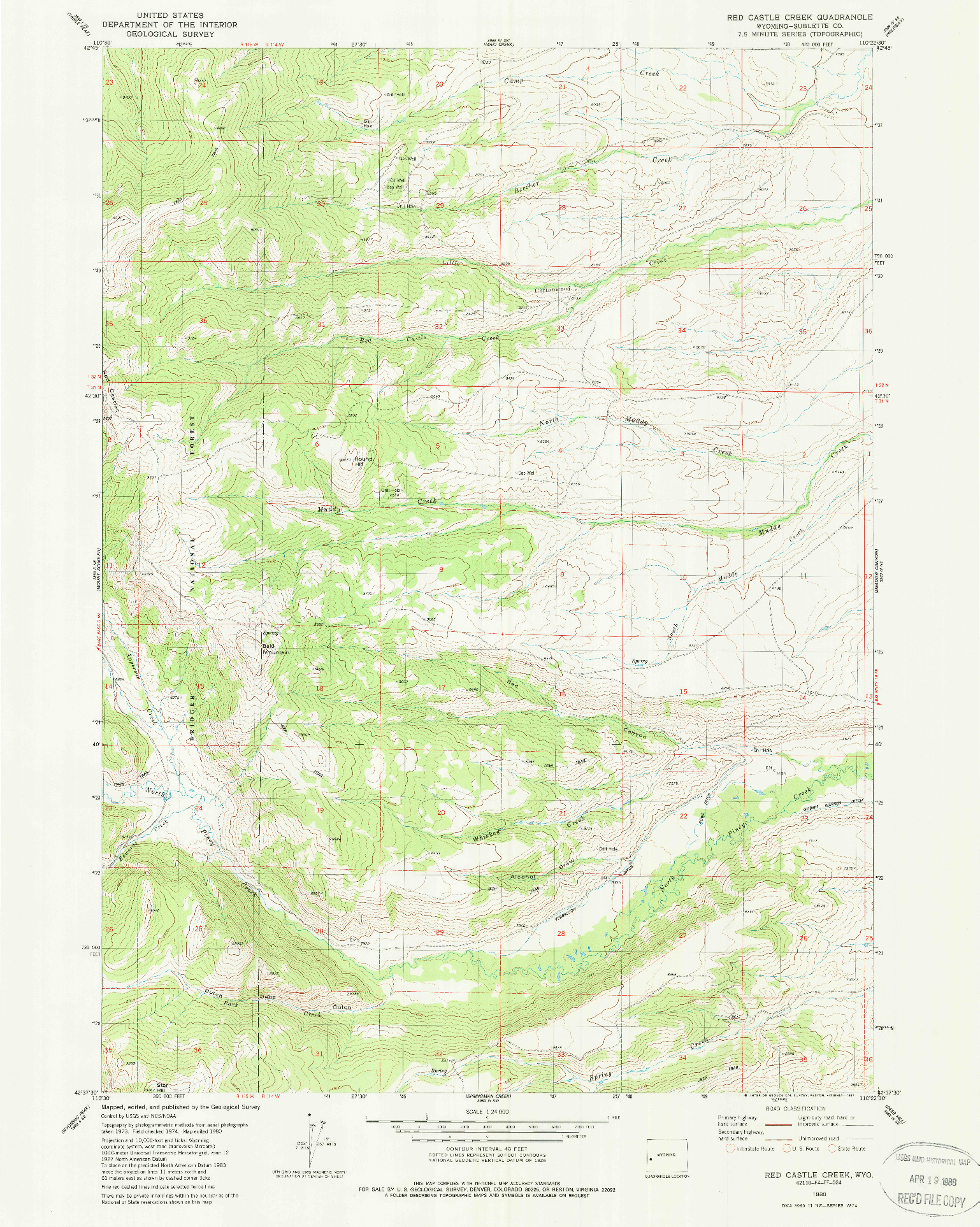 USGS 1:24000-SCALE QUADRANGLE FOR RED CASTLE CREEK, WY 1980
