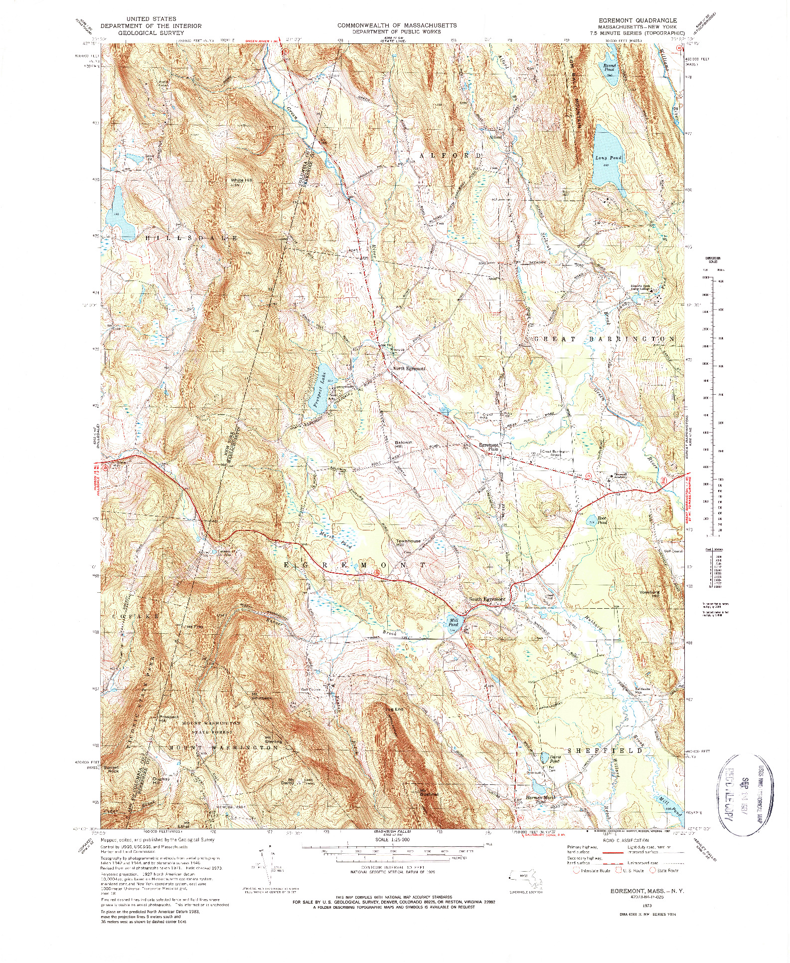 USGS 1:25000-SCALE QUADRANGLE FOR EGREMONT, MA 1973