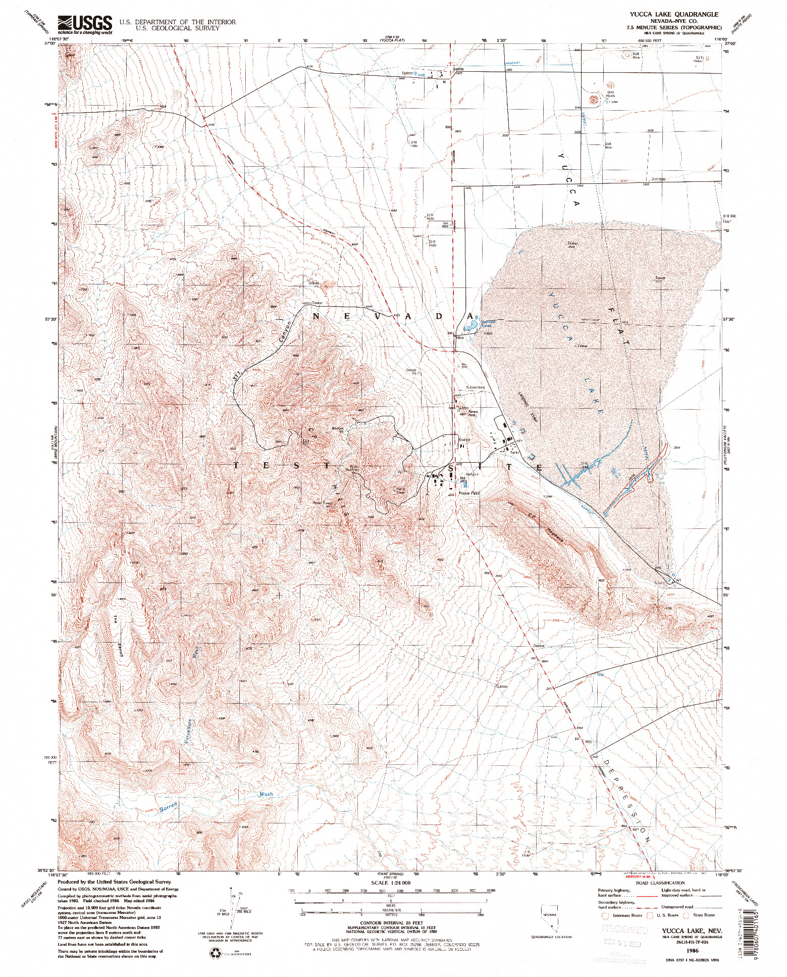 USGS 1:24000-SCALE QUADRANGLE FOR YUCCA LAKE, NV 1986